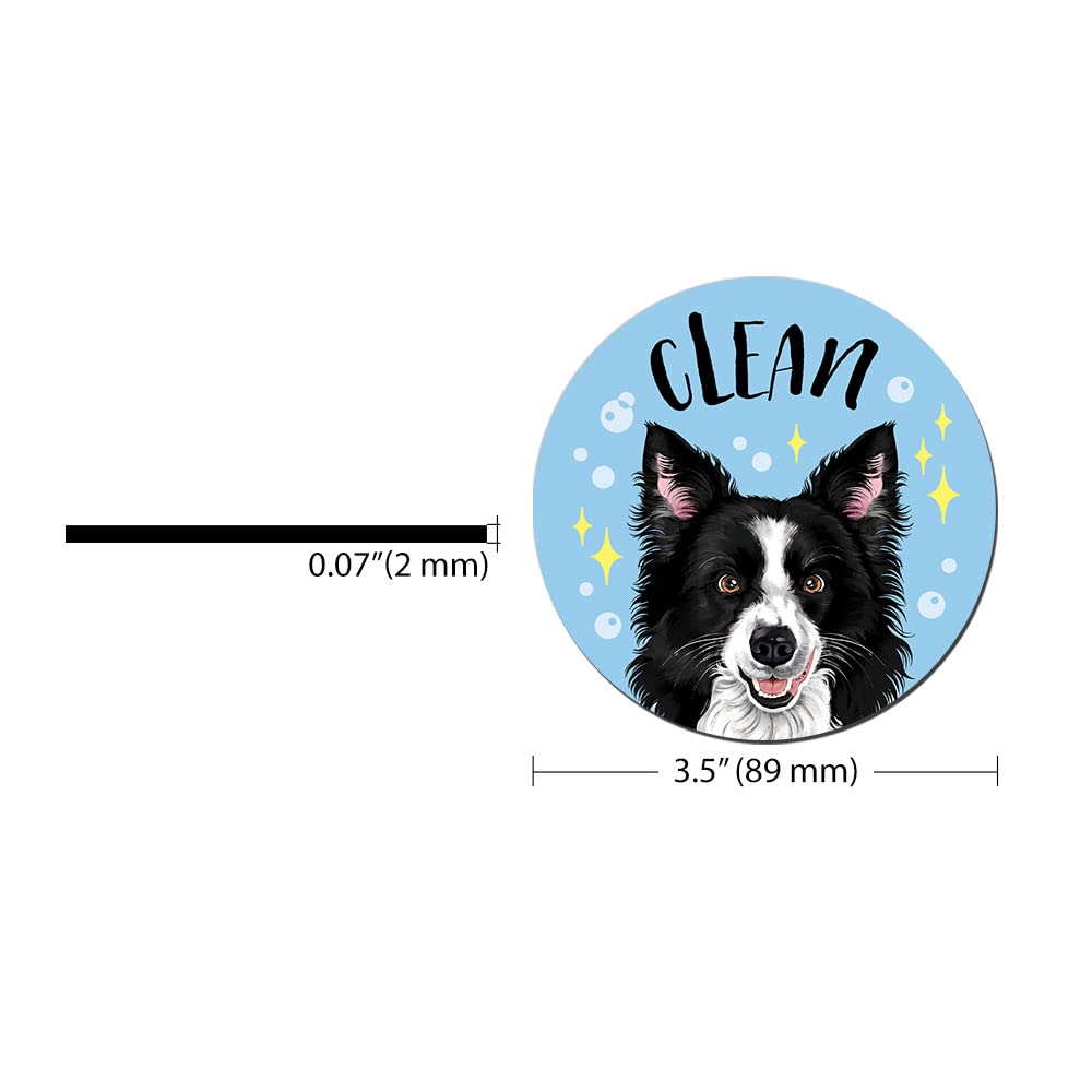WIRESTER 3.5 Inch Dishwasher Clean/Dirty Sign - Double Sided Magnetic Indicator for Kitchen Appliances - Black & White Border Collie Design - Perfect for Dishwashers, Washing Machines & Laundry Rooms