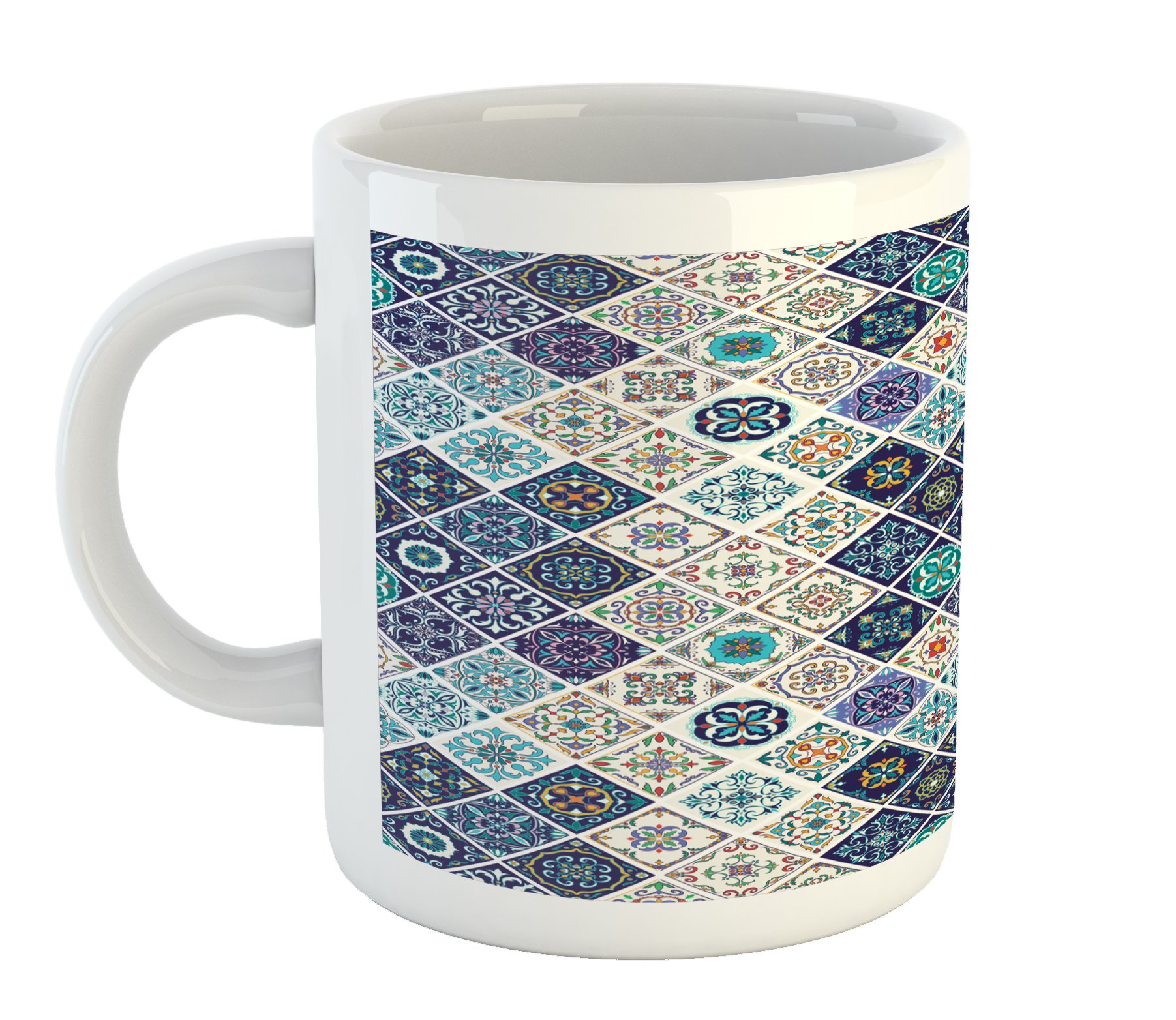 Ambesonne Traditional Portuguese Azulejo Mosaic Coffee Mug - Moroccan Ceramic Design Printed Tea Cup for Hot & Cold Drinks - Perfect for Home, Office, and Gift Giving