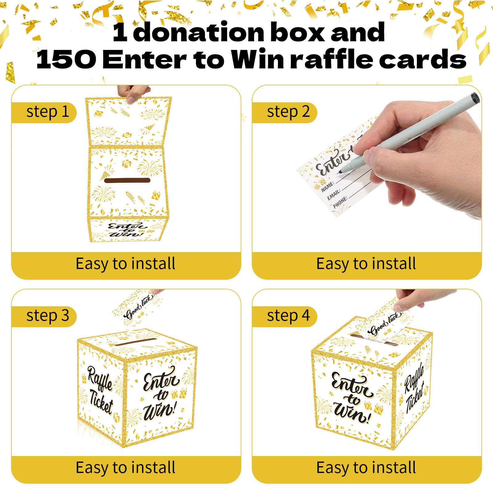 151 Pcs Gold Donation Box Ballot Box - Secure Suggestion Box with Raffle Tickets for Fundraising Events, Voting, Contests & Charity Collections | Includes Slot & Removable Header | Perfect for Schools, Churches, Community Events & Office Voting (Gold)