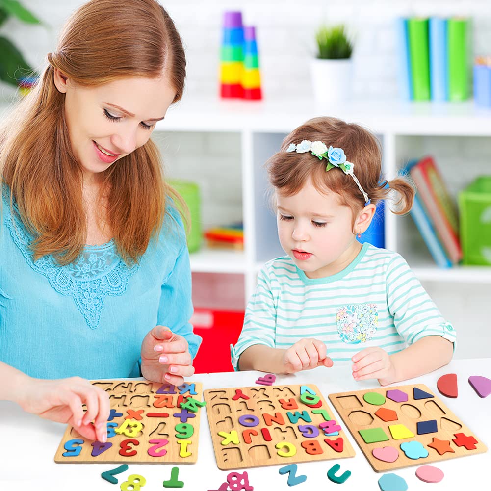 Wooden ABC Alphabet Number Shape Puzzles for Toddlers - 3 in 1 Educational Learning Toys for Kids Boys Girls | Montessori Toys for Early Childhood Development & Homeschooling Activities