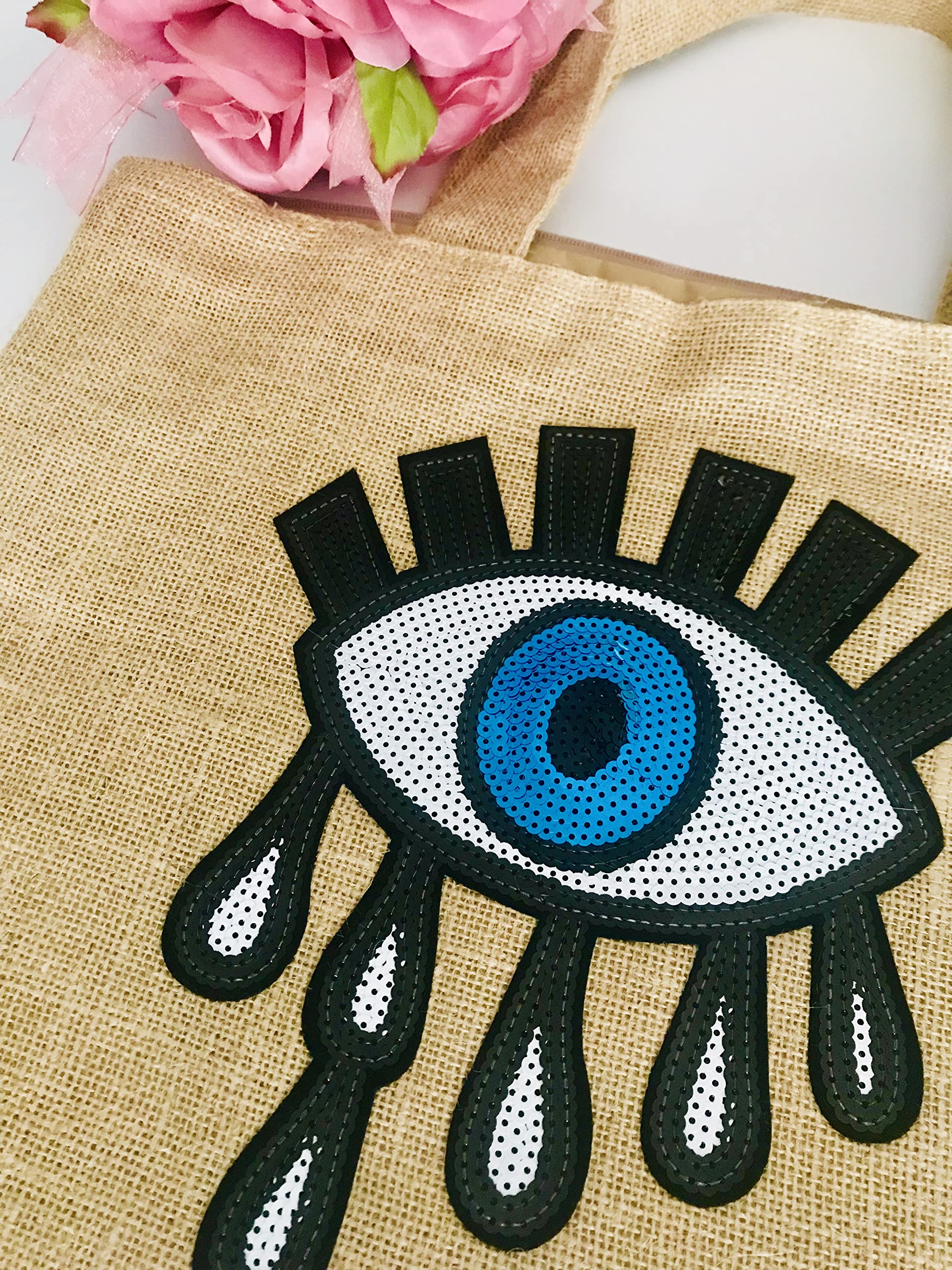 Evil Eye Tote Bag for Women - Stylish Jute Beach Bag with Zipper & Handles, Waterproof & Durable (Natural) - Perfect for Beach, Shopping & Travel Accessories