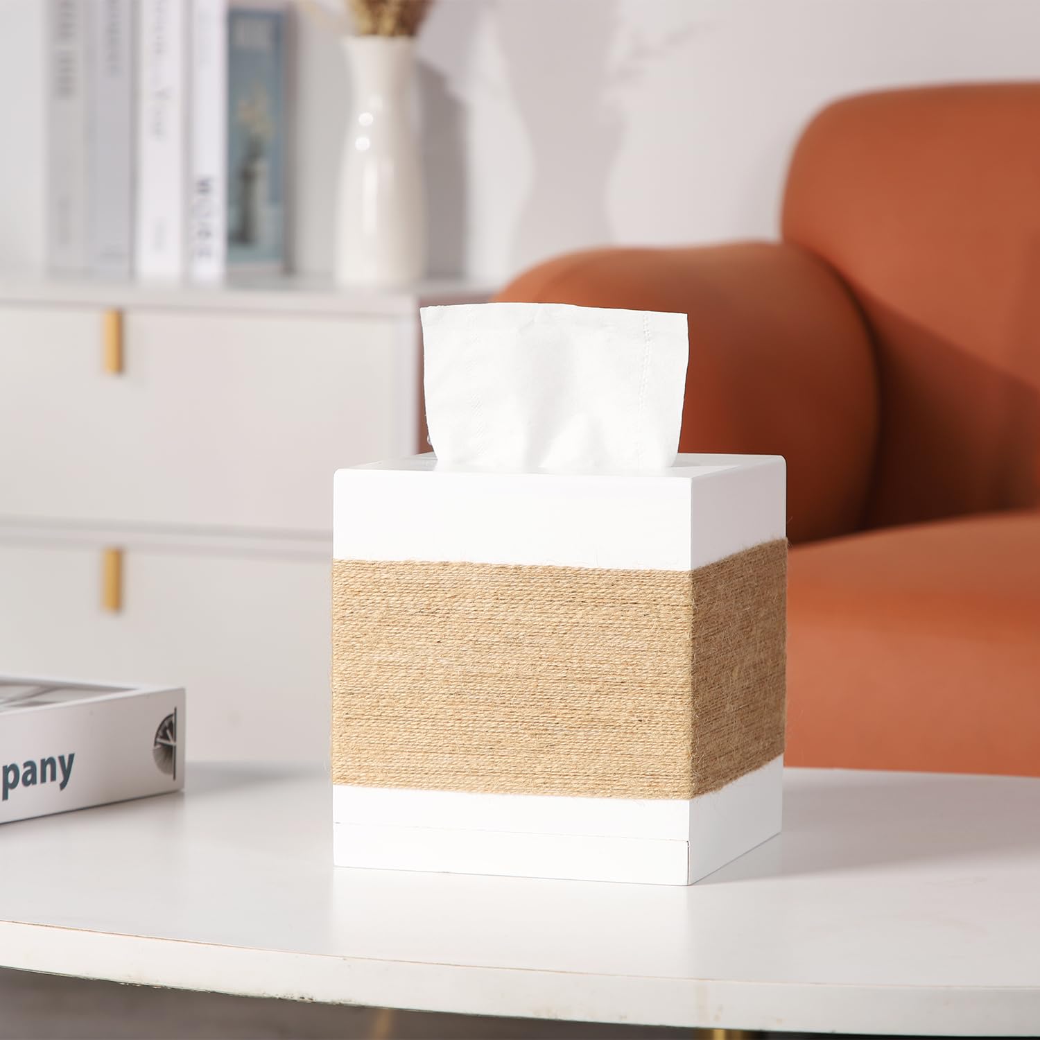 Wooden Tissue Box Cover - Farmhouse Style Square Tissue Box Holder with Slide-Out Bottom | Decorative Home Decor for Living Room, Bathroom & Bedroom | White Tissue Box Organizer