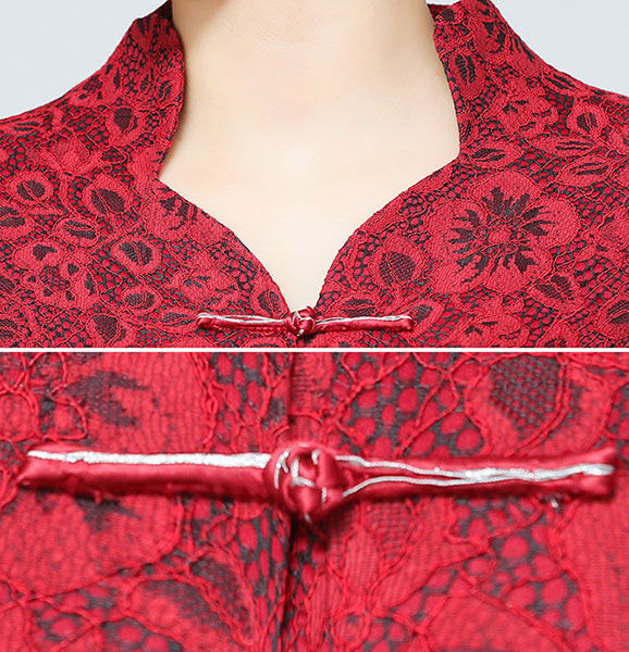 Elegant Red Lace Cheongsam Blouse for Women - Vintage Chinese Wedding Dress Top - Perfect for Bridal Shower, Tea Ceremony & Special Occasions