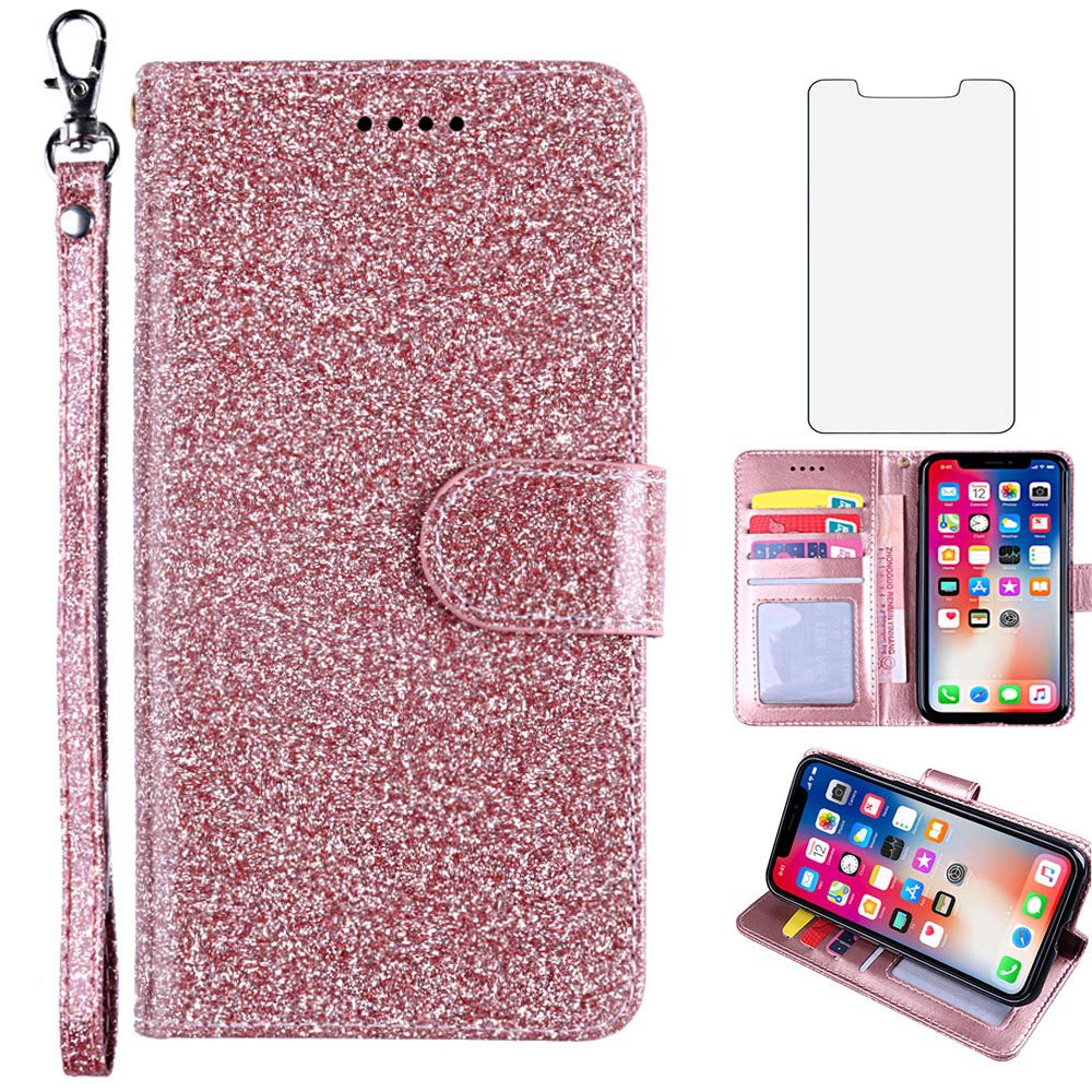 ASUWISH Samsung Galaxy S7 Case with Tempered Glass Screen Protector, Card Holder & Kickstand - Glitter Wallet Phone Cover for Galaxy S7/Galaxy 7S/Galaxies GS7/SM-G930V (Pink) - Perfect for Work, Travel & Everyday Protection