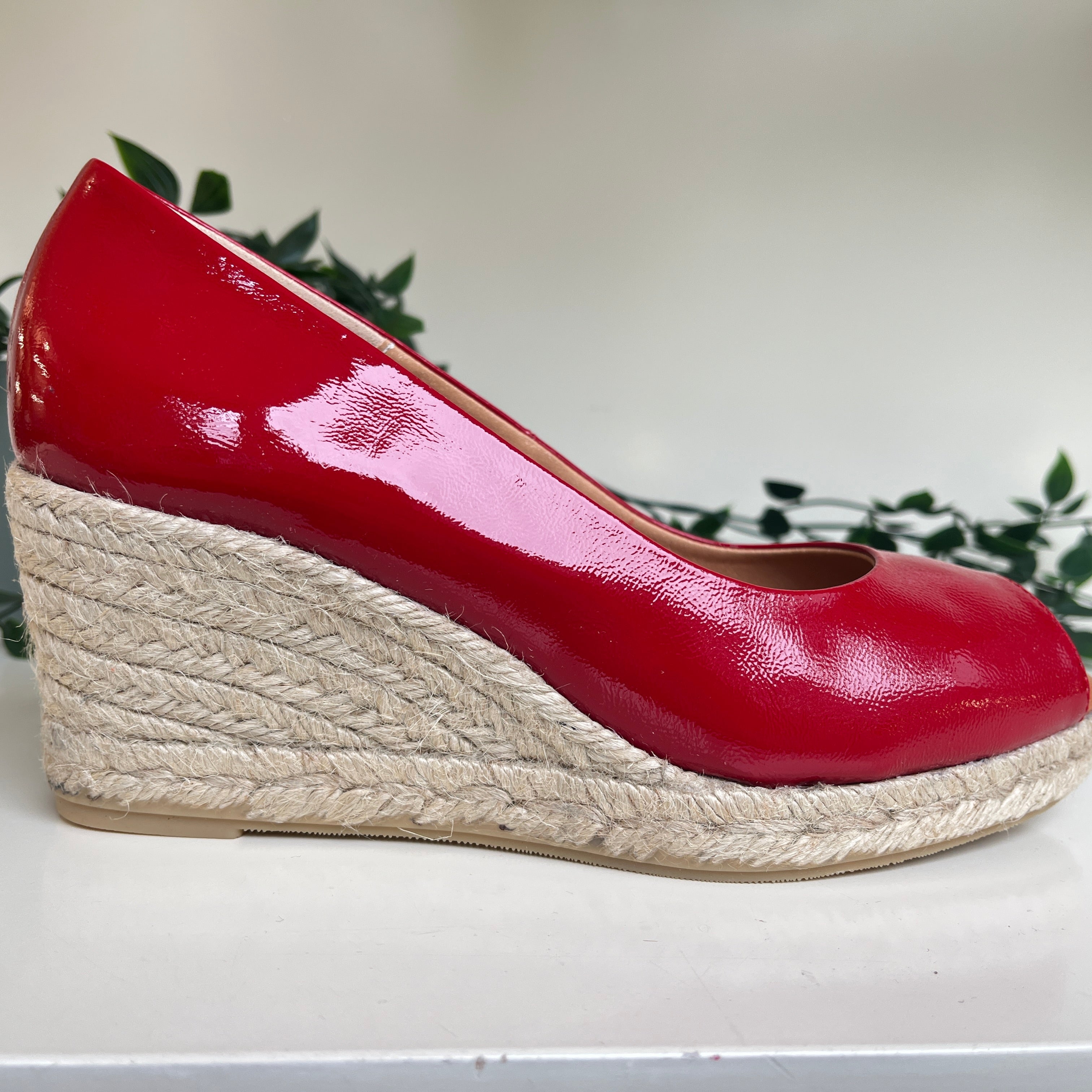 MARIAN Women's Red Patent Leather Peep Toe Wedge Espadrille Shoes - Comfortable Summer Sandals for Beach, Party & Casual Wear