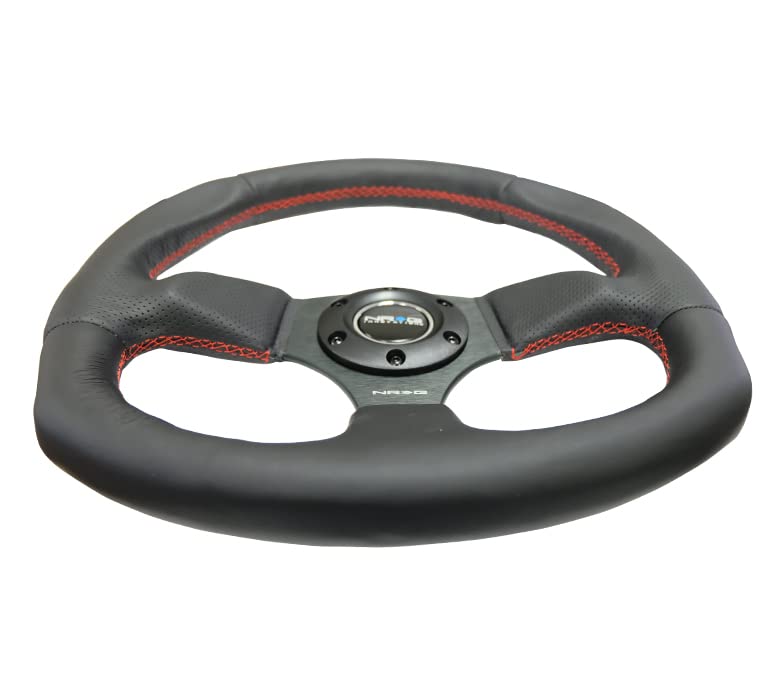 NRG Innovations NRG-RST-009R-RS Black Leather Steering Wheel with Red Stitch - High Performance Reinforced Racing Wheel for Drifting, Track & Street Use