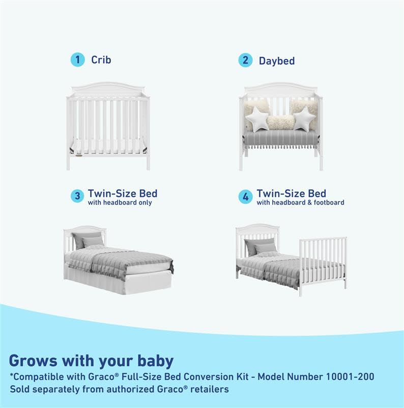 Graco Stella 4-in-1 Convertible Mini Crib with Mattress - White Nursery Furniture | Converts to Twin Bed with Headboard & Footboard | Includes 2.5
