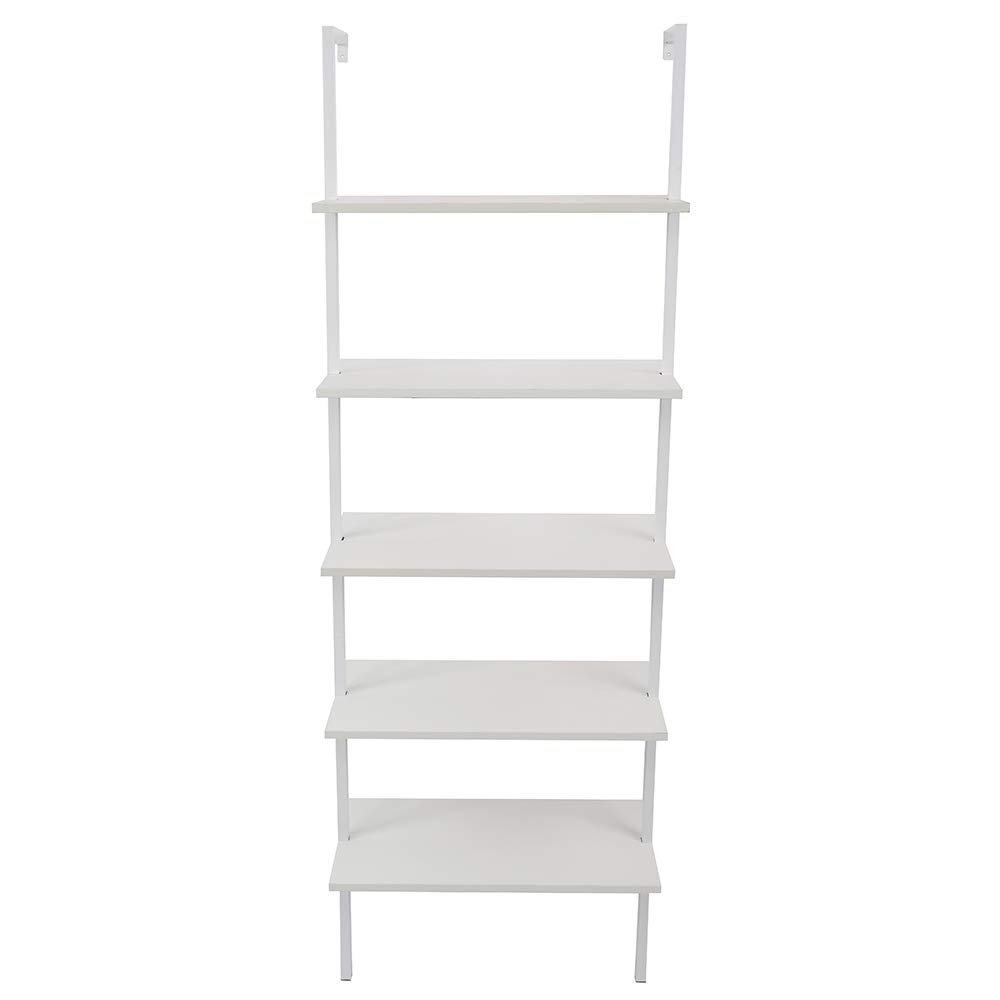 5-Tier Industrial Ladder Shelf - White Wooden Bookcase with Metal Frame | Open Wall Mount Storage for Books, Plants & Decor | Perfect for Living Room, Bedroom & Home Office Organization