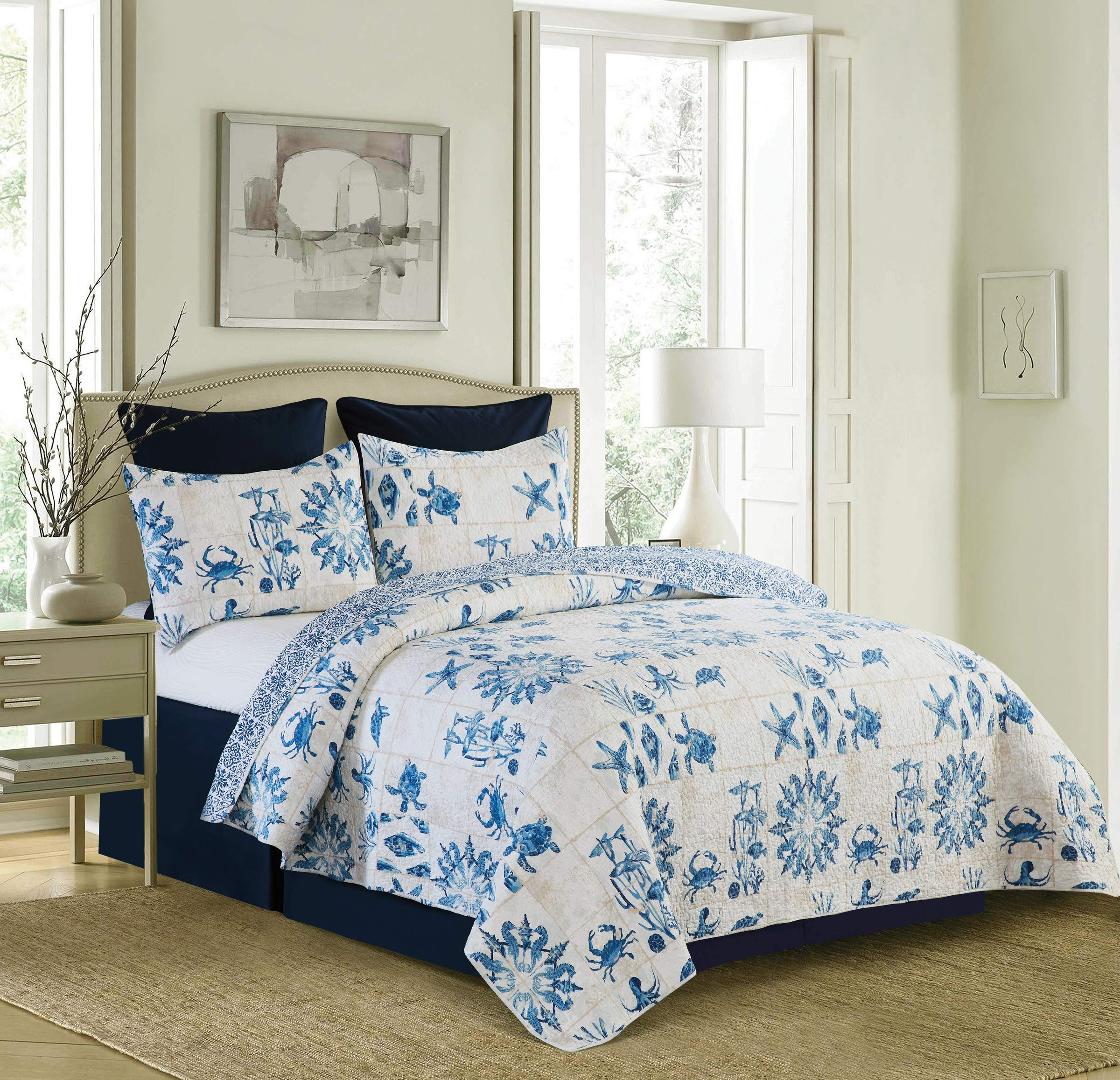 Casablanca Bay 3-Piece King Quilt Set - Coastal Beach Theme Blue & White Bedding with Matching Shams | Perfect for Beach House Decor & Coastal Style Bedrooms