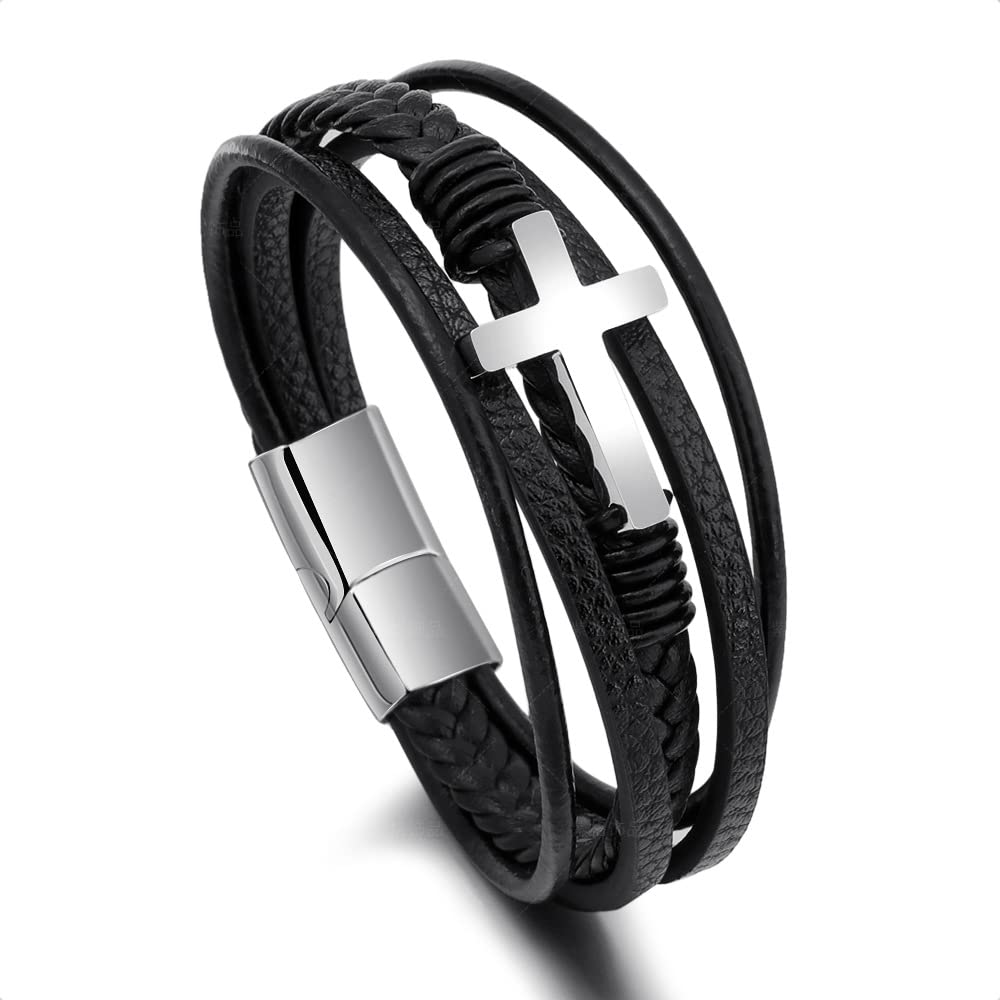 Pray Through It Leather Cross Bracelet for Men - Multi-Layer Braided Leather Cuff with Magnetic Clasp - Religious Wristband for Grandson Gift, Daily Wear & Spiritual Protection