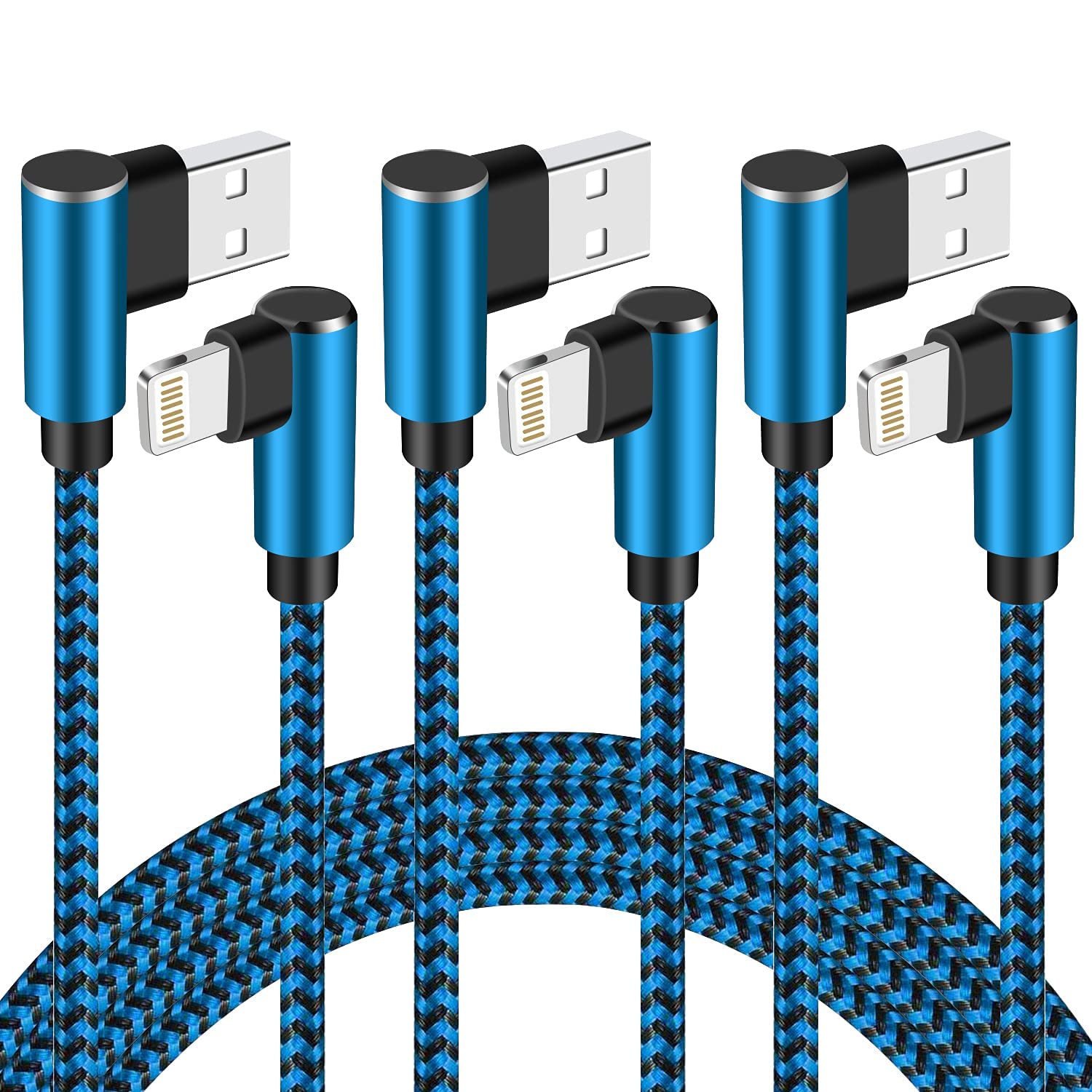 FineKeep 10FT 3-Pack MFi Certified 90 Degree Right Angle Lightning Cable - Durable Nylon Braided Charging Cord for iPhone 12/11 Pro/XS Max/XR/X/8/7/6 - Perfect for Bedside, Car & Office Charging (Blue Black)