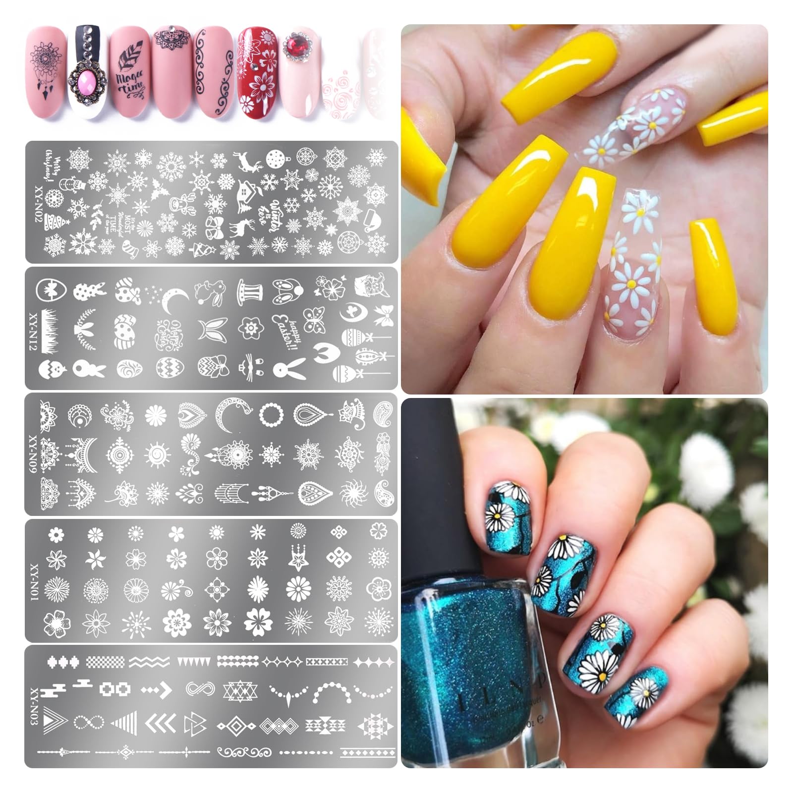 12 Colors Nail Stamping Kit with 5 Templates & French Stampers - Professional Nail Art Design Set for DIY Manicure at Home, Salon or Party