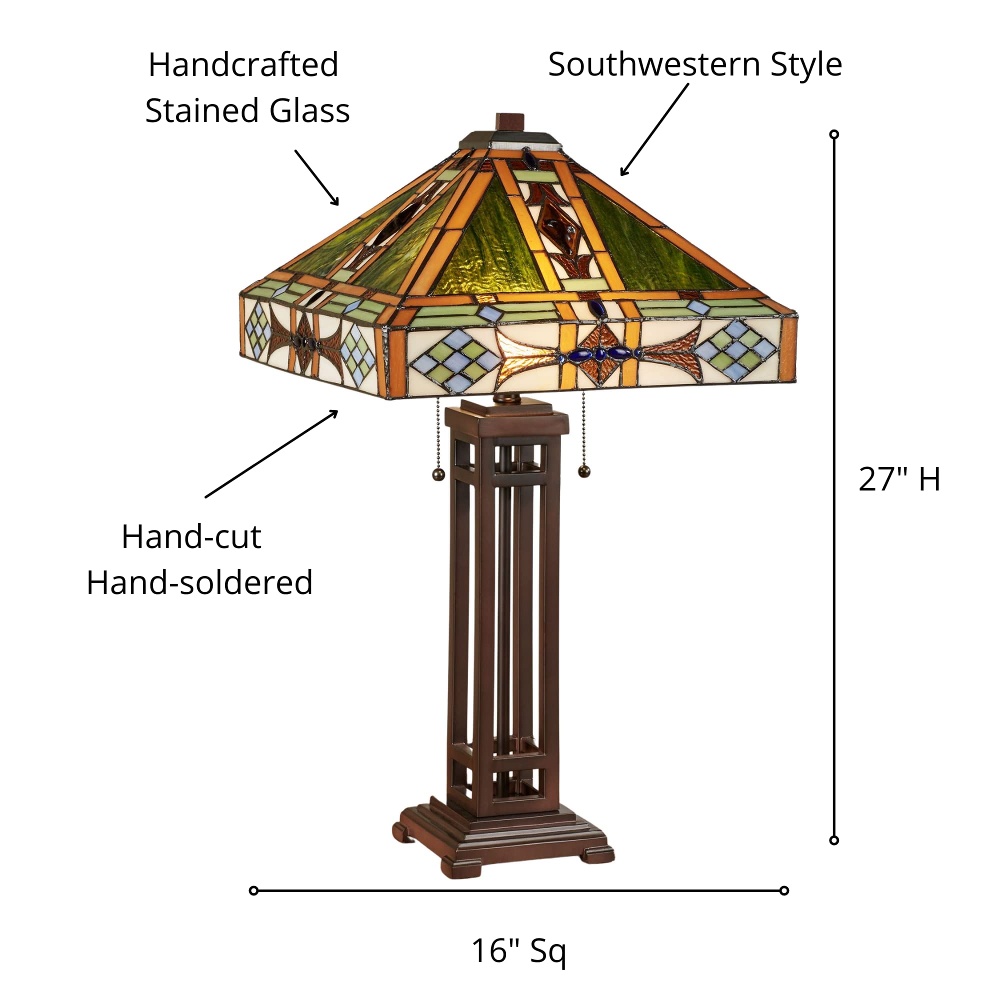 Handcrafted Javier Stained Glass Table Lamp in Green & Orange with Bronze Finish - Mission Style Southwest Decor for Bedroom, Living Room & Office - Perfect for Southwestern Aesthetic & Cozy Ambient Lighting