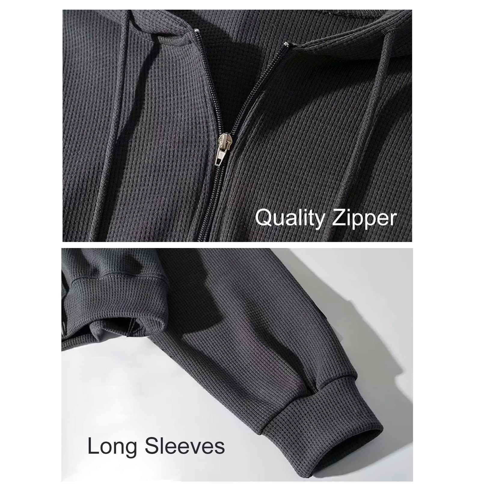 Flygo Women's Vintage Waffle Knit Cropped Zip Up Hoodie - Long Sleeve Sweatshirt Jacket with Hood for Casual Outfits, Loungewear & Street Style Fashion