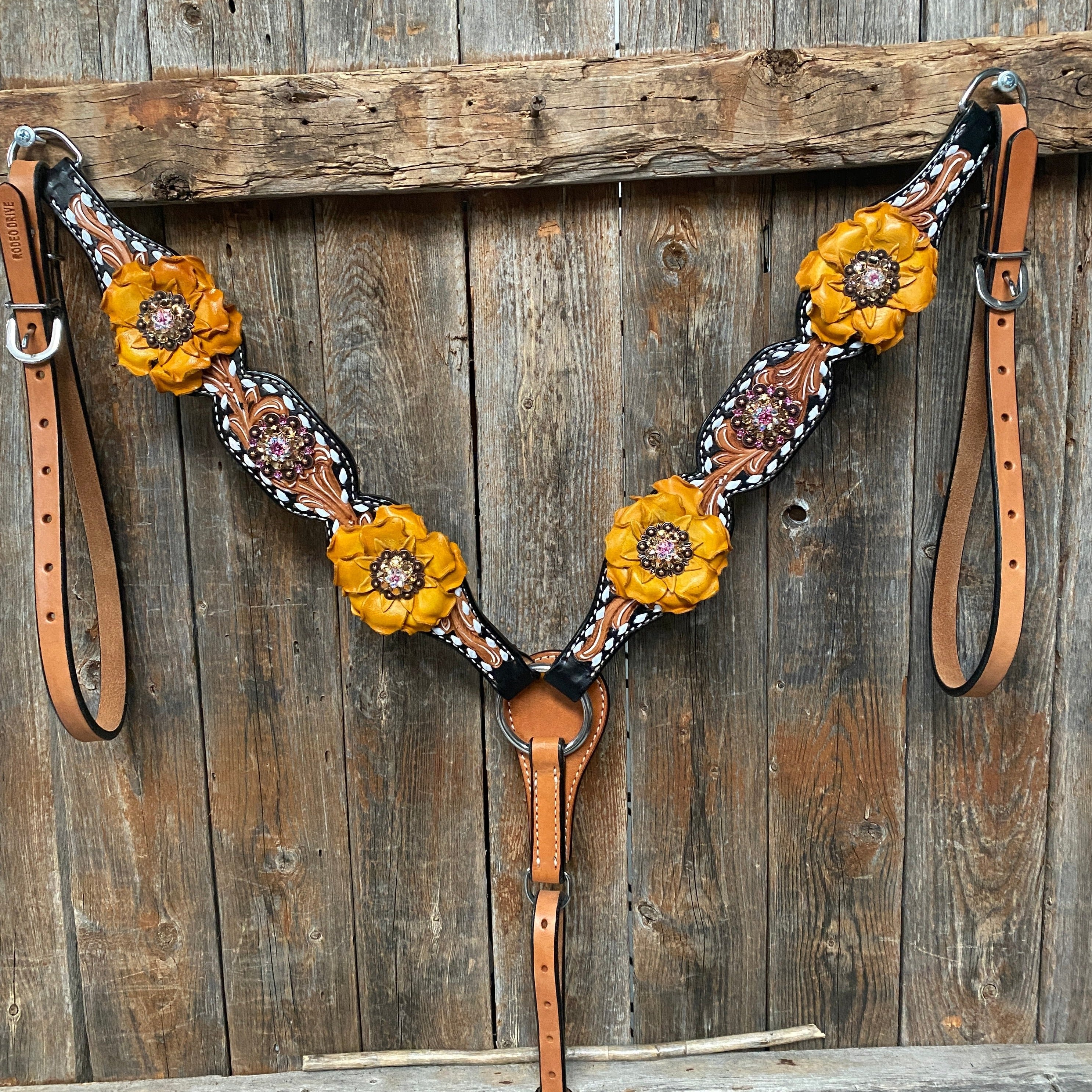 Classic Yellow and Pink Browband with One Ear Tack Set & Wither Strap - Premium Horse Riding Equipment for Equestrian Shows & Training | #BBBC464