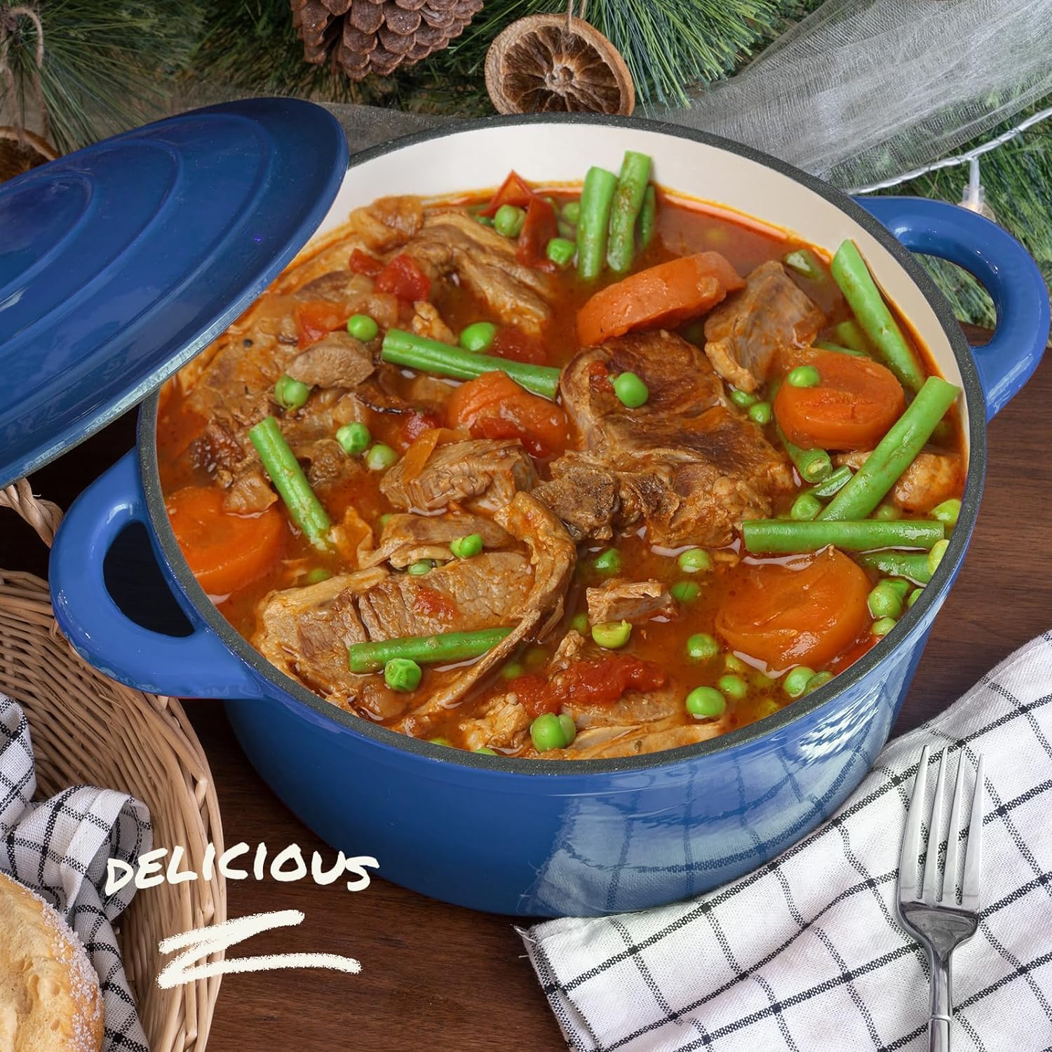 Overmont Enameled Cast Iron Dutch Oven - 5.5 QT Heavy Duty Enamel Pot with Lid & Cookbook - Heat-Resistant Cotton Potholders - Perfect for Braising, Stews, Roasting, Baking Bread & Outdoor Camping Cooking