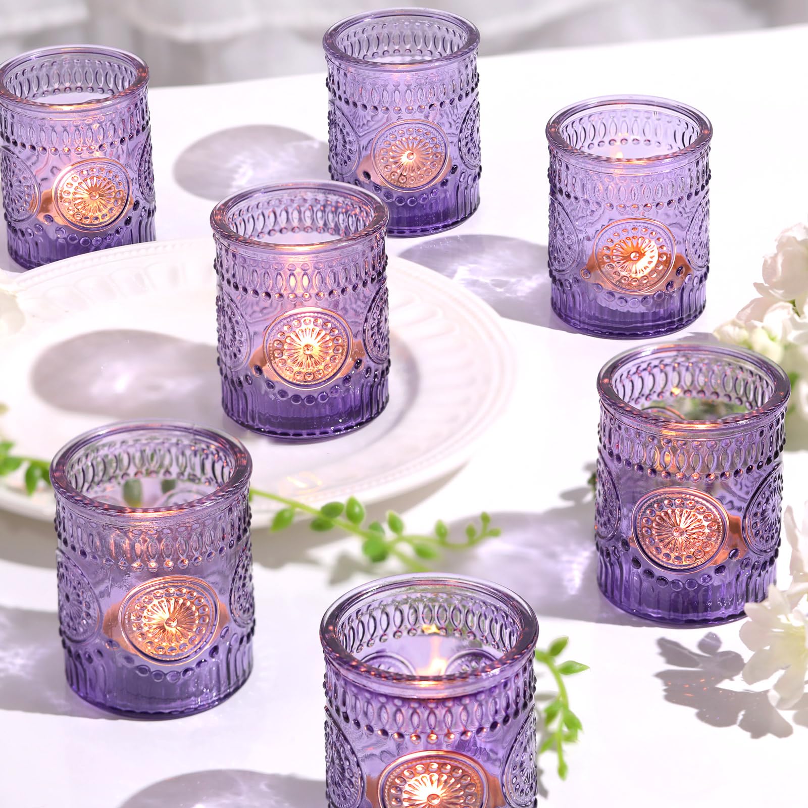 24-Piece Purple Glass Votive Candle Holders Set - Elegant Tea Light Candle Holders for Wedding, Baby Shower & Boho Party Decorations - Perfect Table Centerpieces & Unique Purple Gifts for Women - Ideal for Romantic Dinners, Spa Nights and Home Decor