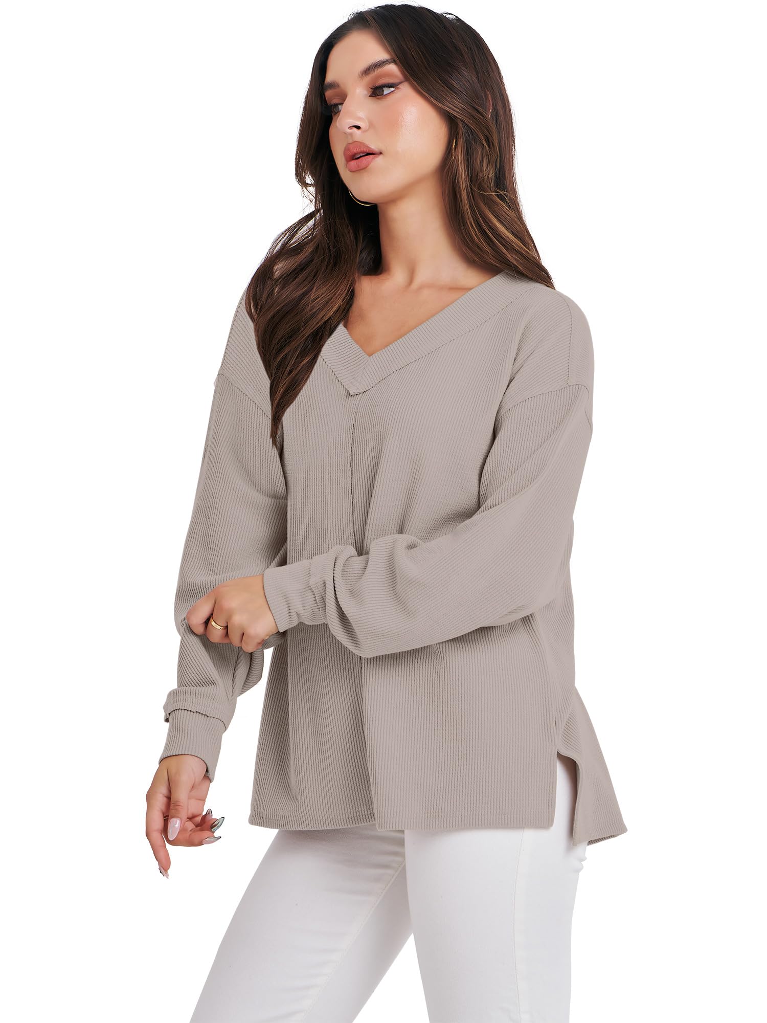 Caracilia Women's Oversized Off-Shoulder Long Sleeve Waffle Knit Sweater - V-Neck Pullover Top for Fall 2024 | Casual Outfit, Layering Essential & Cozy Winter Fashion