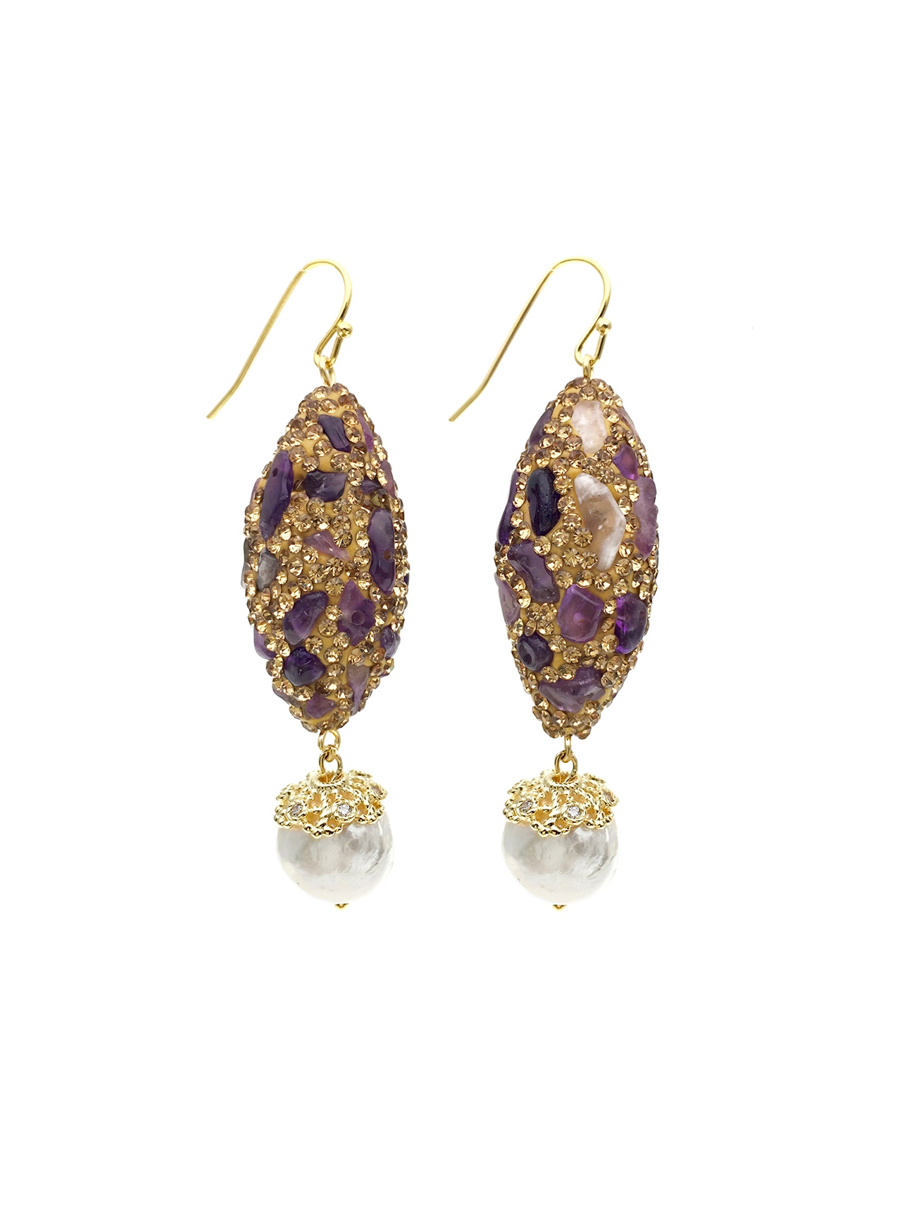 Rhinestone Bordered Amethyst Drop Earrings AE005 - Elegant Purple Crystal Dangle Earrings for Women, Perfect for Parties, Weddings & Special Occasions