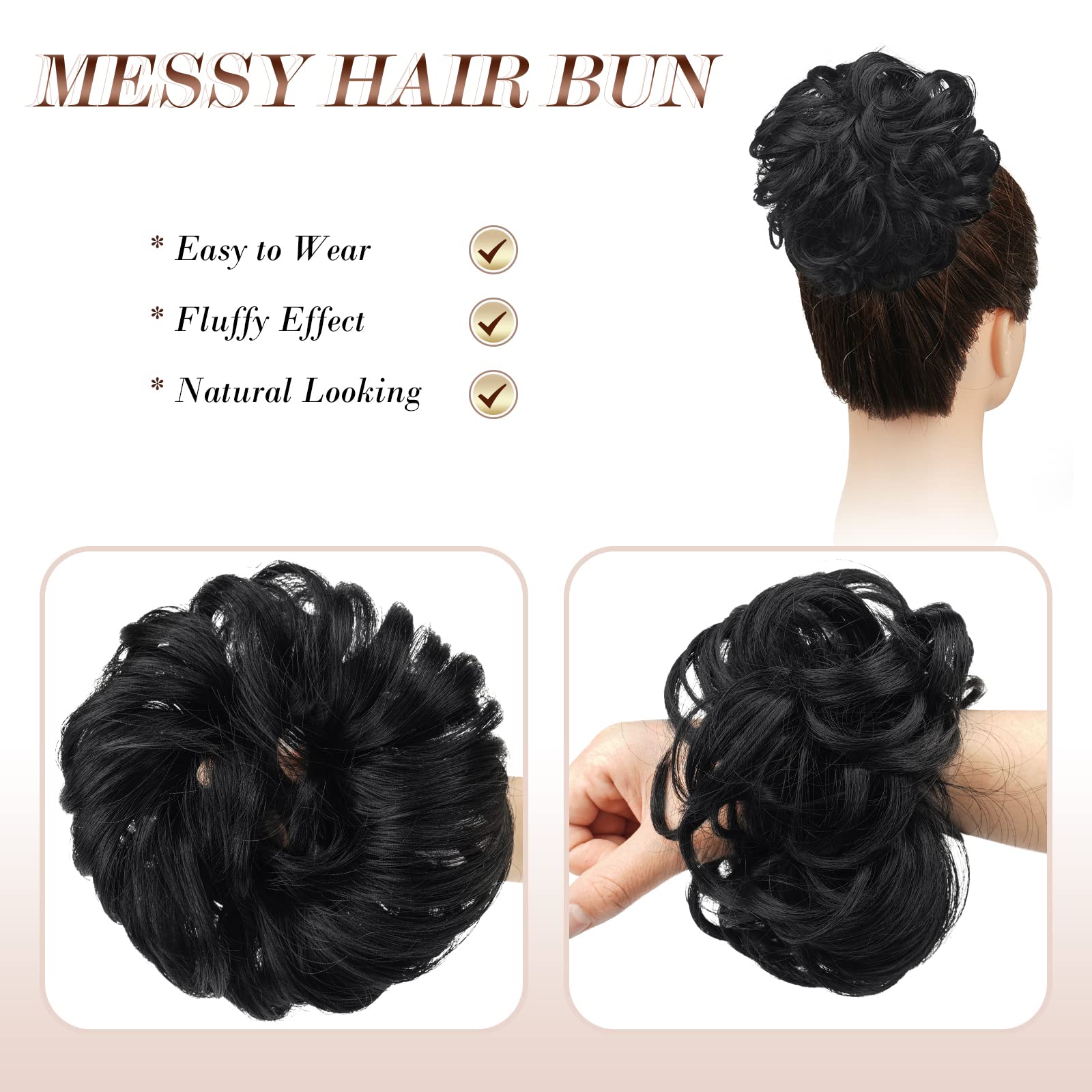FESHFEN Wavy Curly Messy Hair Bun Extensions - Donut Hair Chignon, Wig Scrunchy, Ponytail Hairpiece - Perfect for Updos, Parties & Everyday Styling (Jet Black)