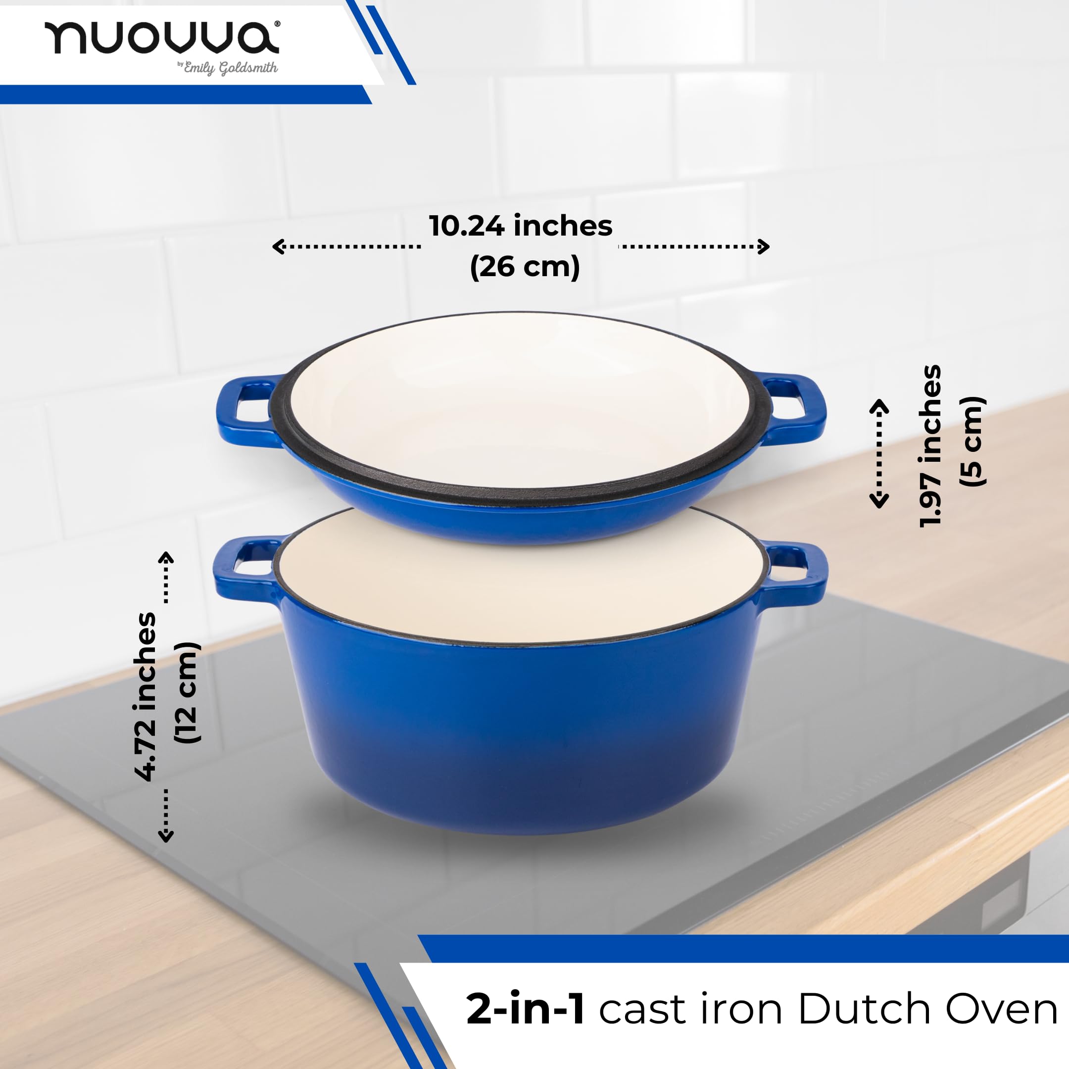 Premium Enameled Cast Iron Dutch Oven with Lid - 5 Quart (26cm) Casserole Pot & Skillet 2-in-1 Cookware Set - Durable Dark Blue Enamel Coating - Perfect for Braising, Stewing, Baking & Camping - by Nuovva