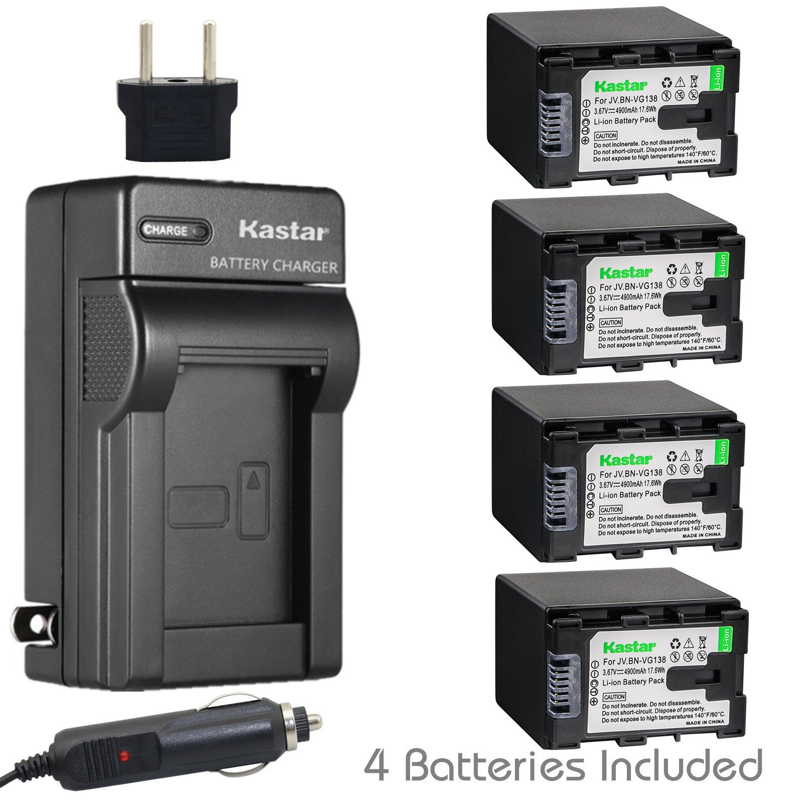 Kastar 4-Pack Replacement Battery with Charger Compatible with JVC BN-VG138/VG107/VG114/VG121 & Everio GZ-N1/N5/G5 Cameras - Perfect for Travel Vlogging and Outdoor Videography