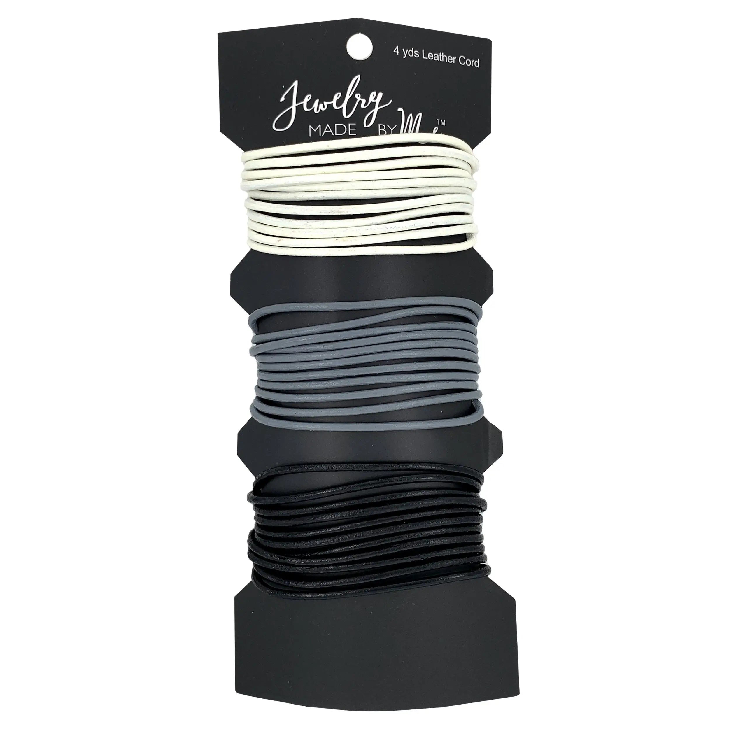 Premium 2mm Round Leather Cord - 4 Yards per Spool (3-Pack: White, Gray, Black) for Jewelry Making, DIY Crafts & Leatherworking Projects