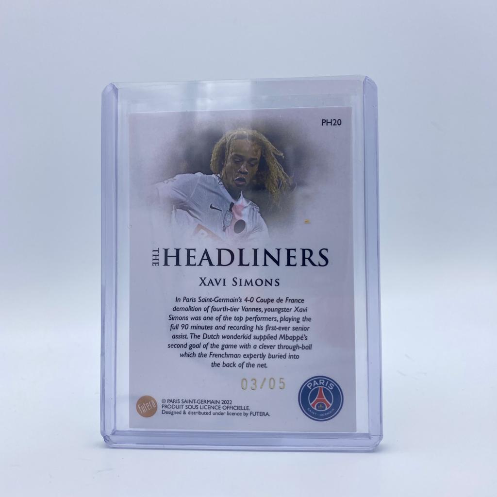 Xavi Simons Headliners #PH20 PSG Exclusive 2022 Futera Soccer Card - Rare Collectible for Fans & Investors - Perfect for Trading, Gifts, and Display