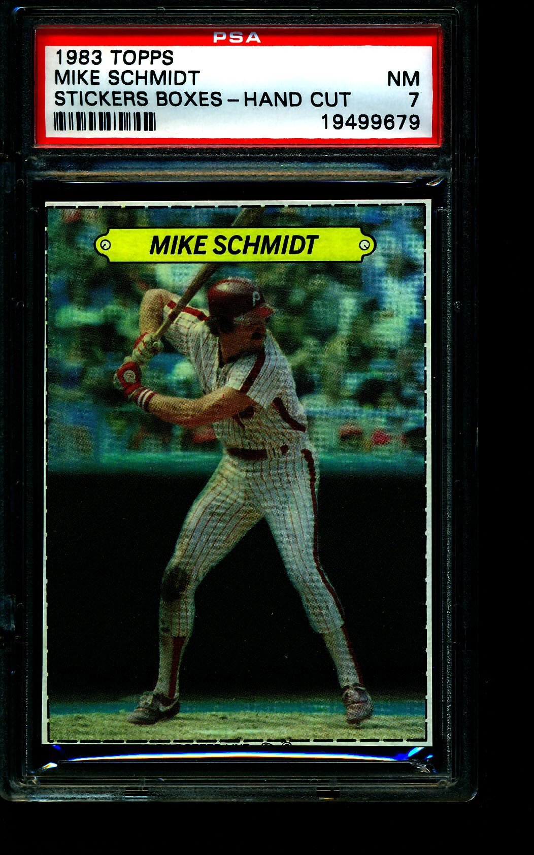 1983 Topps Mike Schmidt Phillies Stickers Boxes - Hand Cut PSA 7 (9679) | Vintage Baseball Collectibles for Fans & Memorabilia Enthusiasts - Perfect for Display, Gifts, and Sports Collections