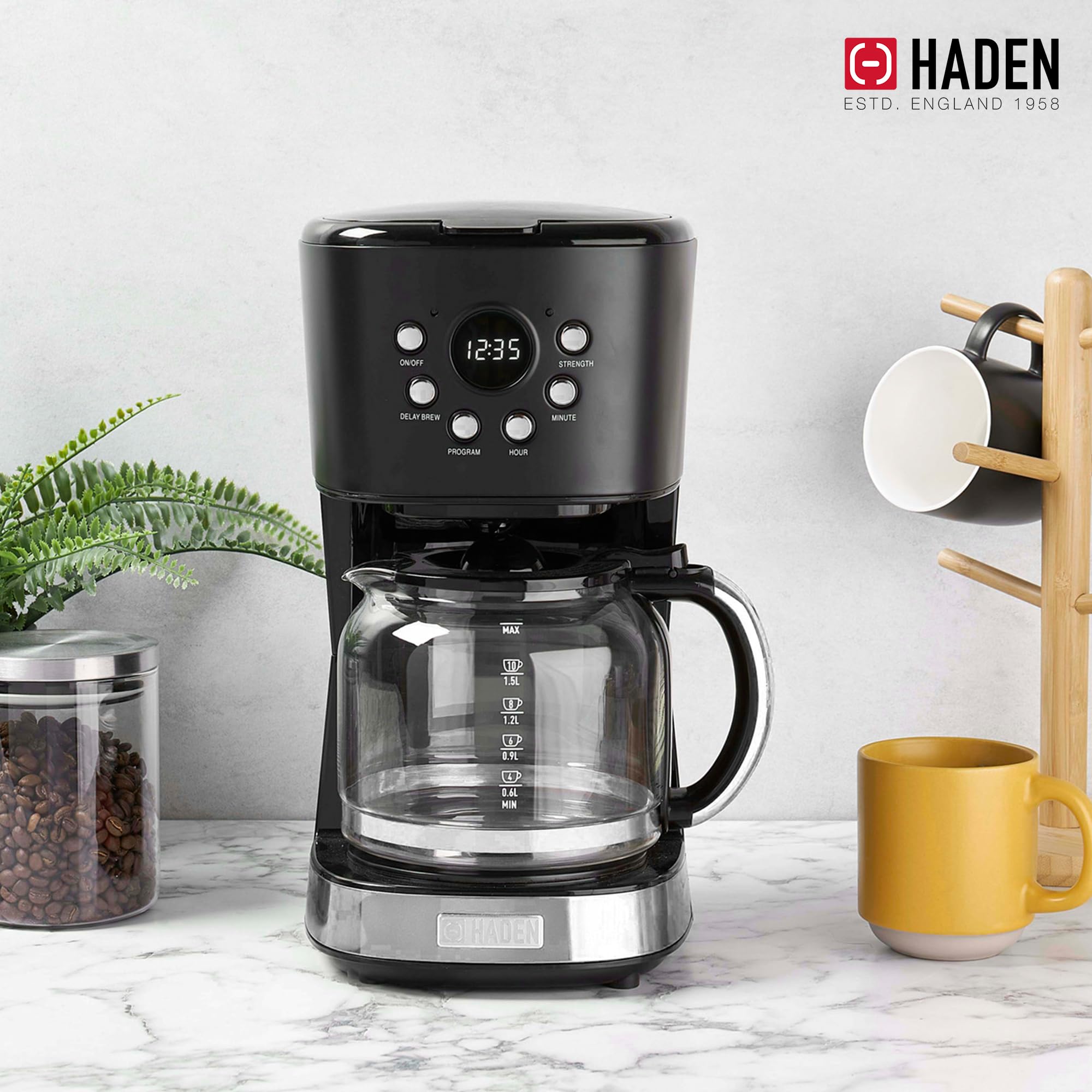 Haden 12 Cup Programmable Drip Coffee Maker with Auto Shut-Off & Reusable Filter - Black & Chrome - Perfect for Home, Office, and Restaurant Use