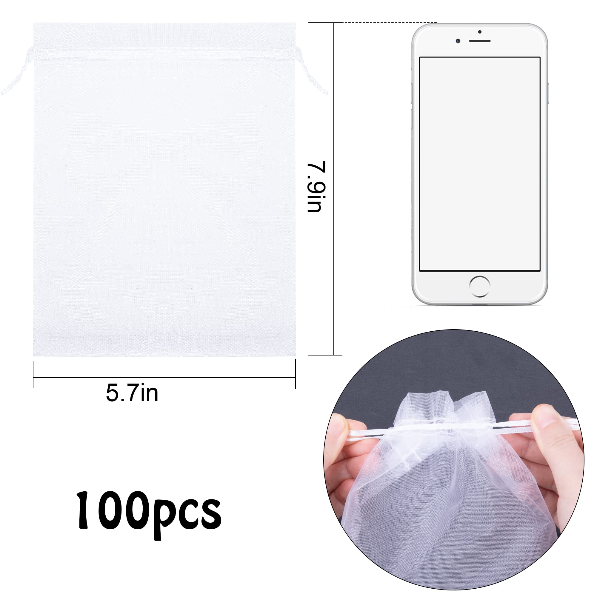 100 Pieces 6x8 Inch Organza Fruit Netting Bags with Drawstring - Breathable Garden Plant Protection Bags for Tomatoes, Grapes, Mangoes - Perfect for Harvesting, Storing and Gifting Fresh Fruits