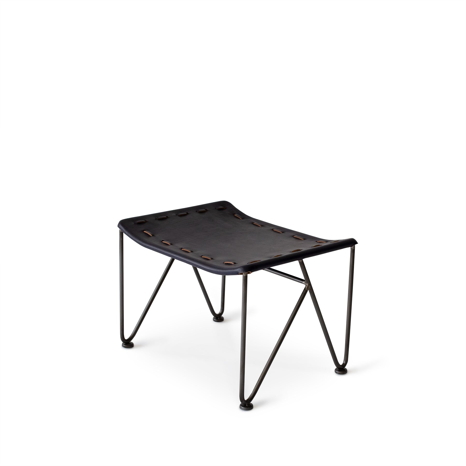Premium Blue Saddle Leather Ottoman with Natural Steel Base - Stylish Footrest & Seating for Living Room, Bedroom, or Office