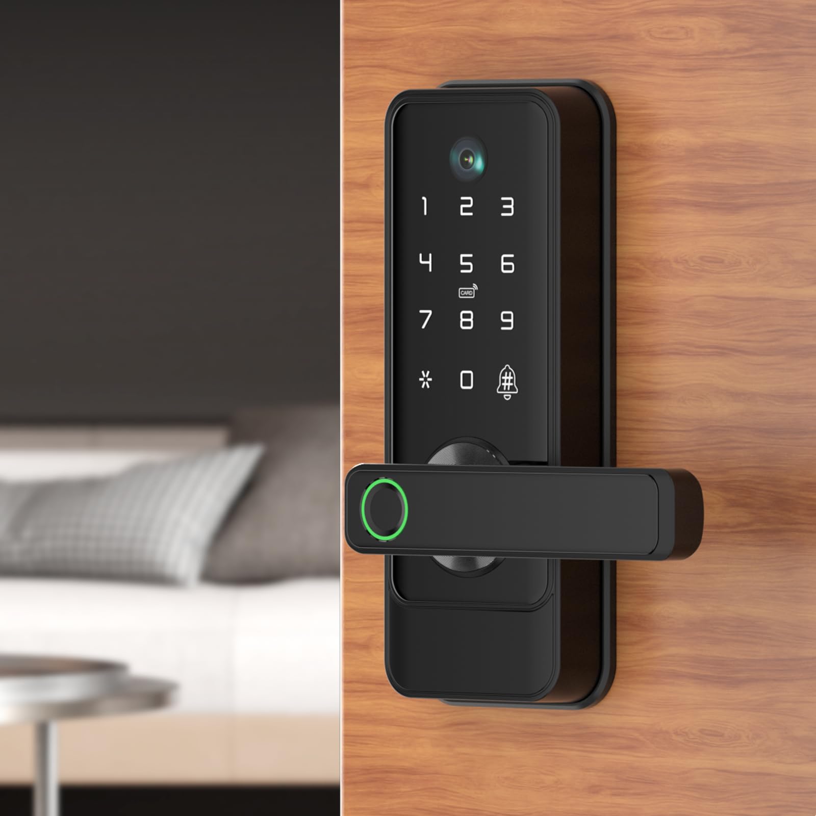 Smart Door Lock with Peep Hole Ring Doorbell Camera - Fingerprint, Password, Key, IC Card/NFC & WiFi Unlocking - Aluminum Alloy Deadbolt for Home, Hotel & Apartment Doors (Black) | Secure Entry for Front Doors, Rental Properties & Smart Homes