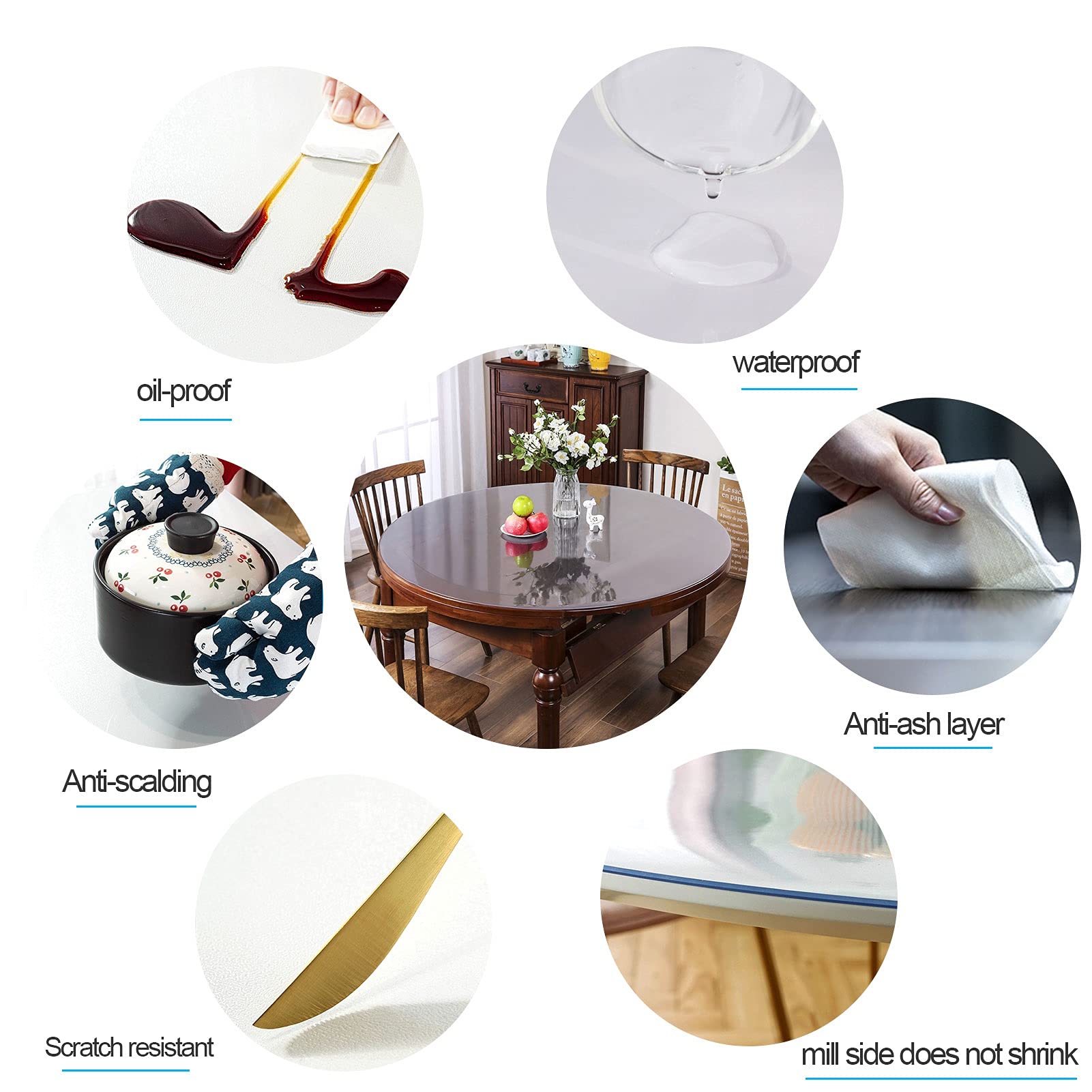 Clear PVC Dining Table Protector Pad Cover - Heat Resistant 2mm Thick Plastic Tablecloth for Kitchen & Dining Room - Round Table Top Protector Mat for Everyday Use & Special Occasions