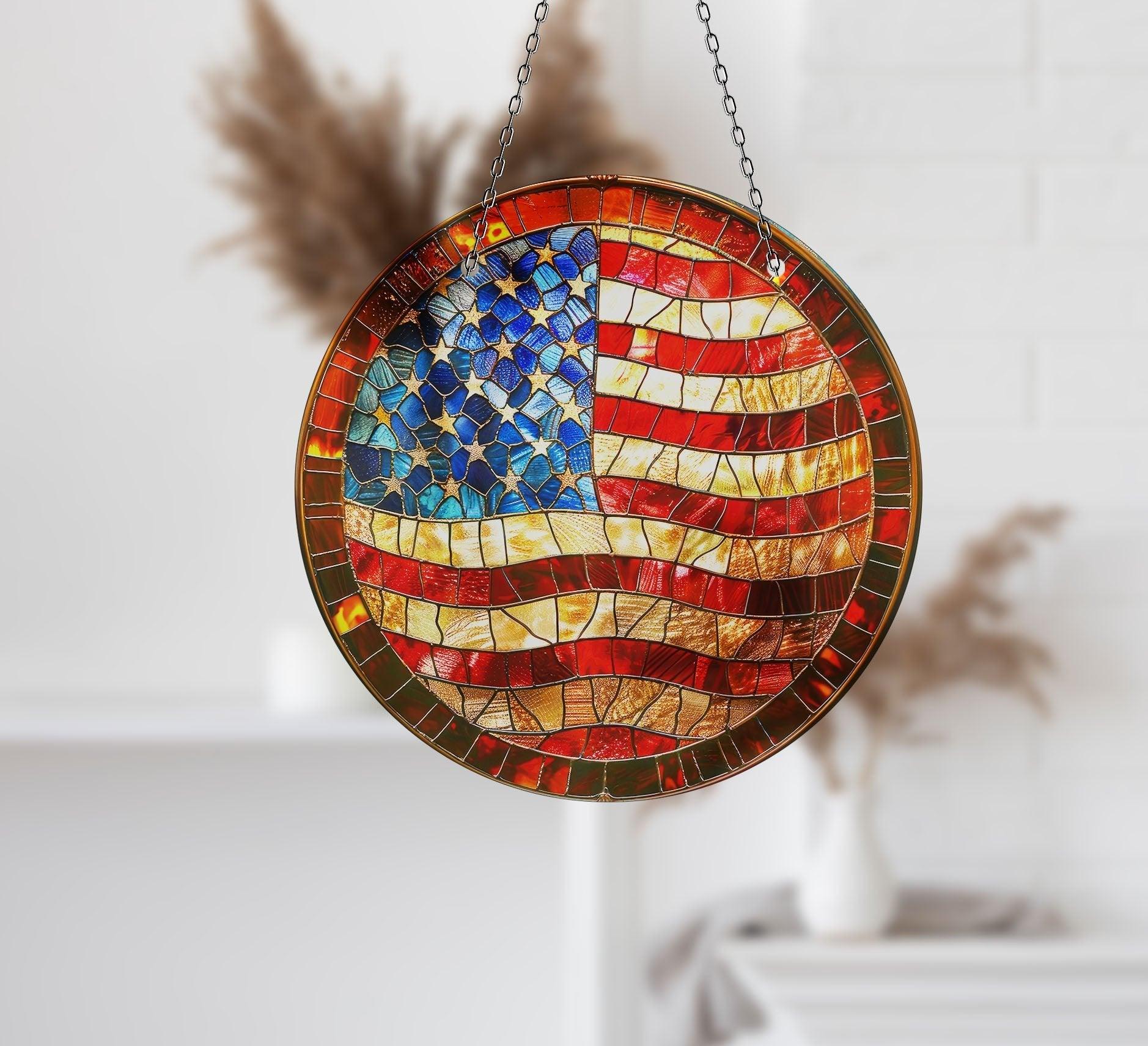 American Flag Suncatcher - Patriotic Window Decor for Home & Office - Perfect for Independence Day, Memorial Day & Veterans Day Celebrations