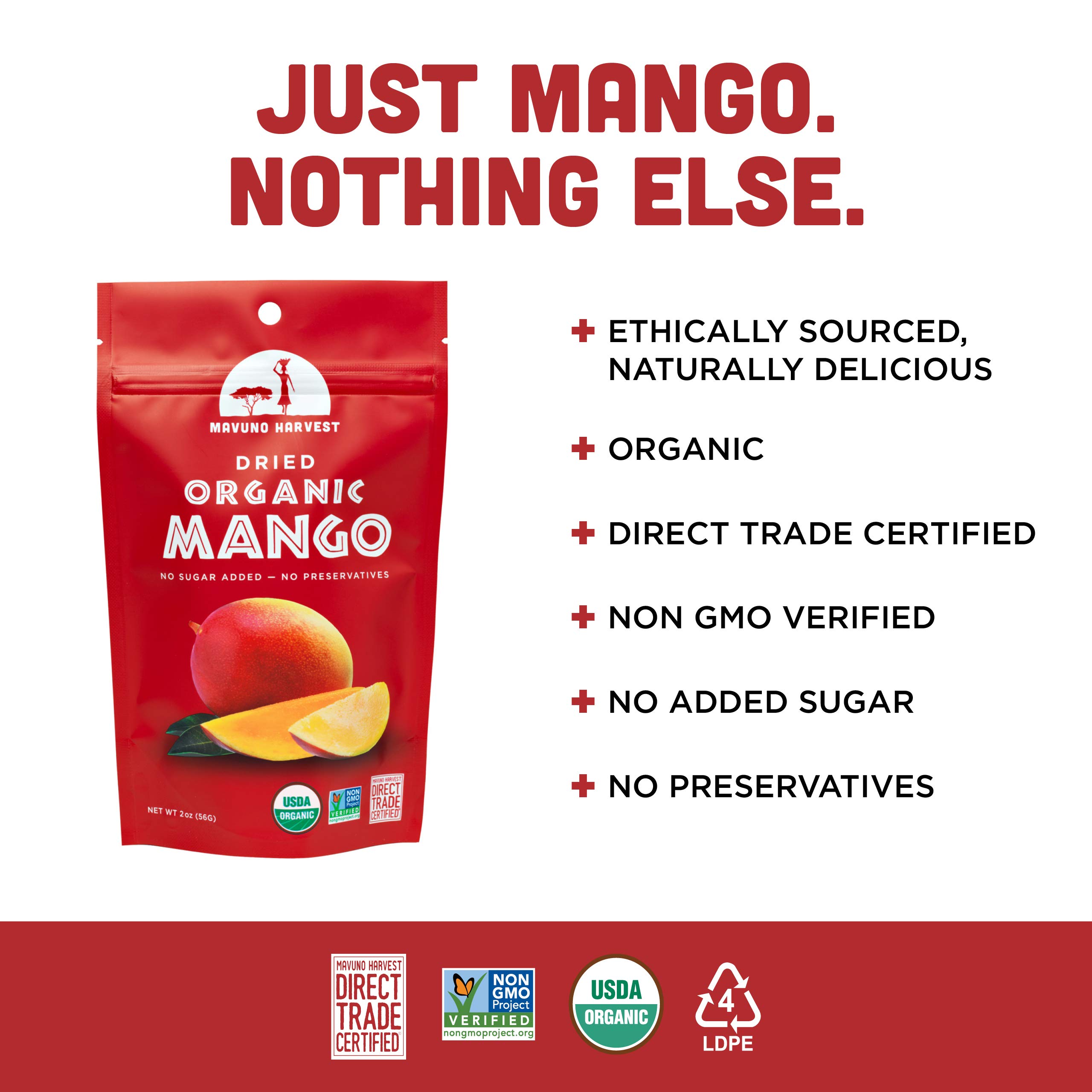 Organic Dried Mango Slices by Mavuno Harvest | Unsweetened Vegan Snacks | Gluten Free, Non-GMO Healthy Fruit Snacks for Kids & Adults | 1lb Resealable Bag | Perfect for Lunchboxes, Hiking & On-the-Go Snacking