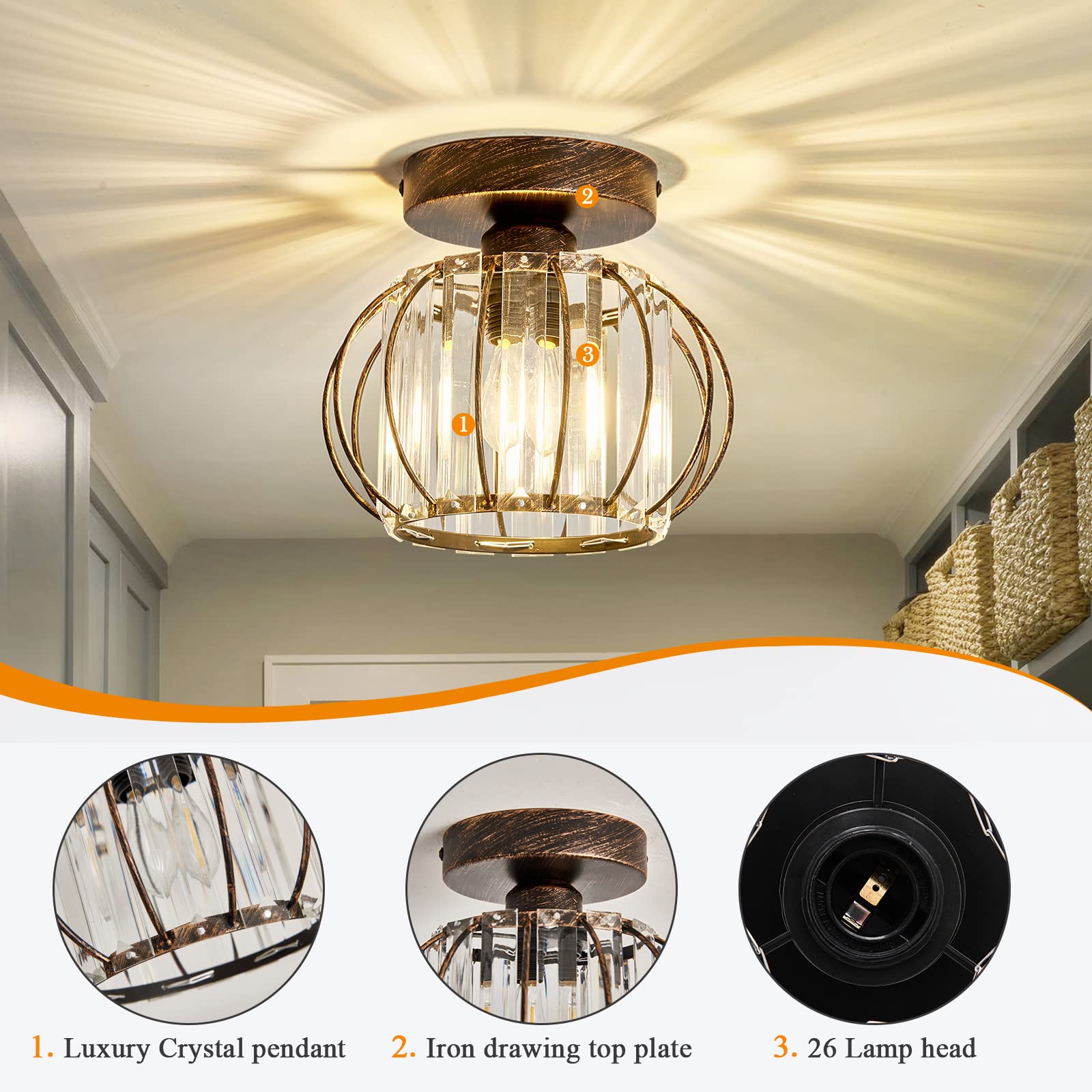 YYJLX Semi Flush Mount Ceiling Light Fixture - E26 Mini Crystal Chandelier in Oil Rubbed Bronze - Small Ceiling Lamp for Entryway, Bedroom, Bathroom, Hallway, Closet & Foyer - Perfect for Modern Home Decor & Ambient Lighting