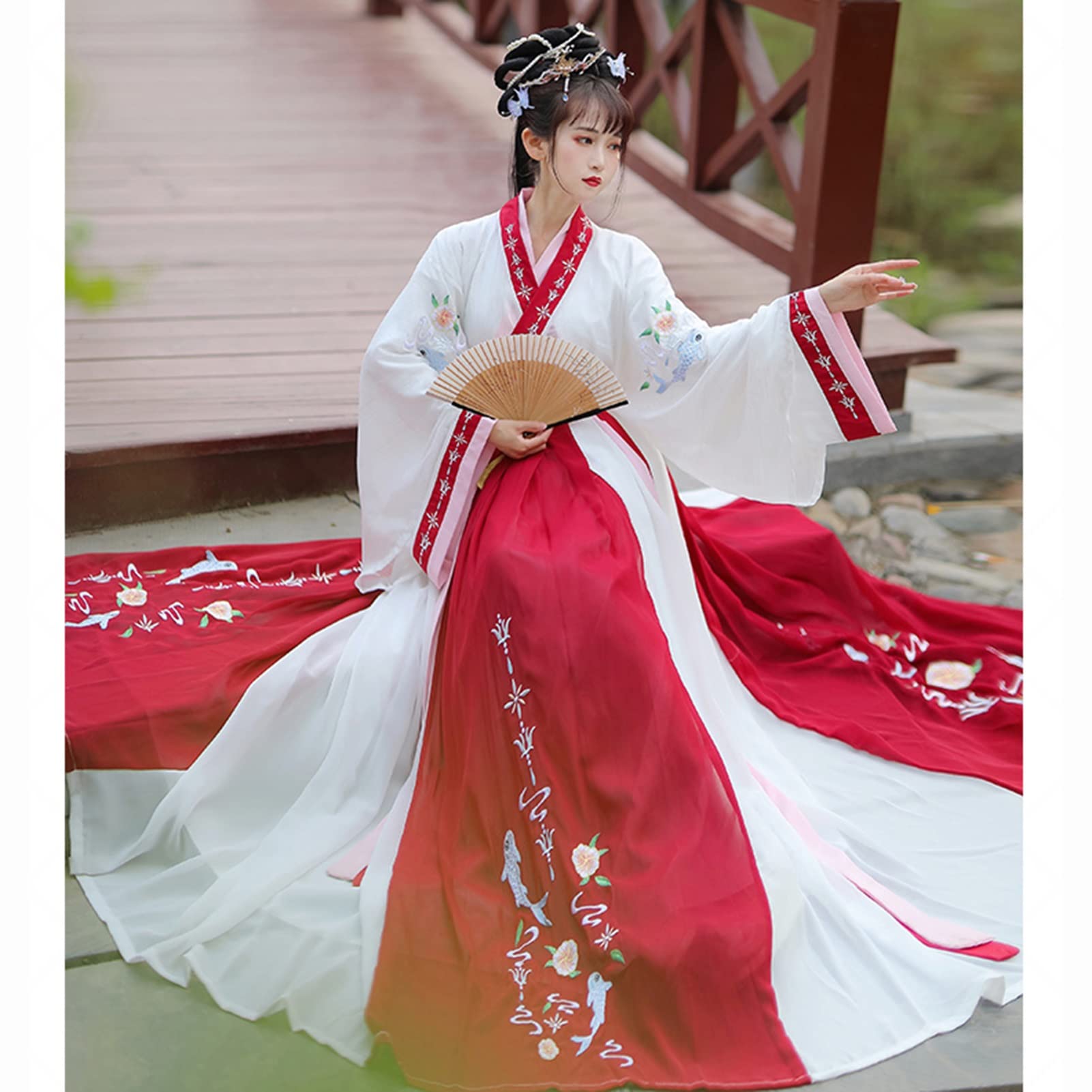Elegant Red Hanfu Dress for Women - Traditional Chinese Big-Sleeve Costume | Ancient Fairy Cosplay Outfit for Halloween & Themed Parties | Flowy X-Large Size Hanfu Skirt for Renaissance Fairs, Cultural Events & Photoshoots