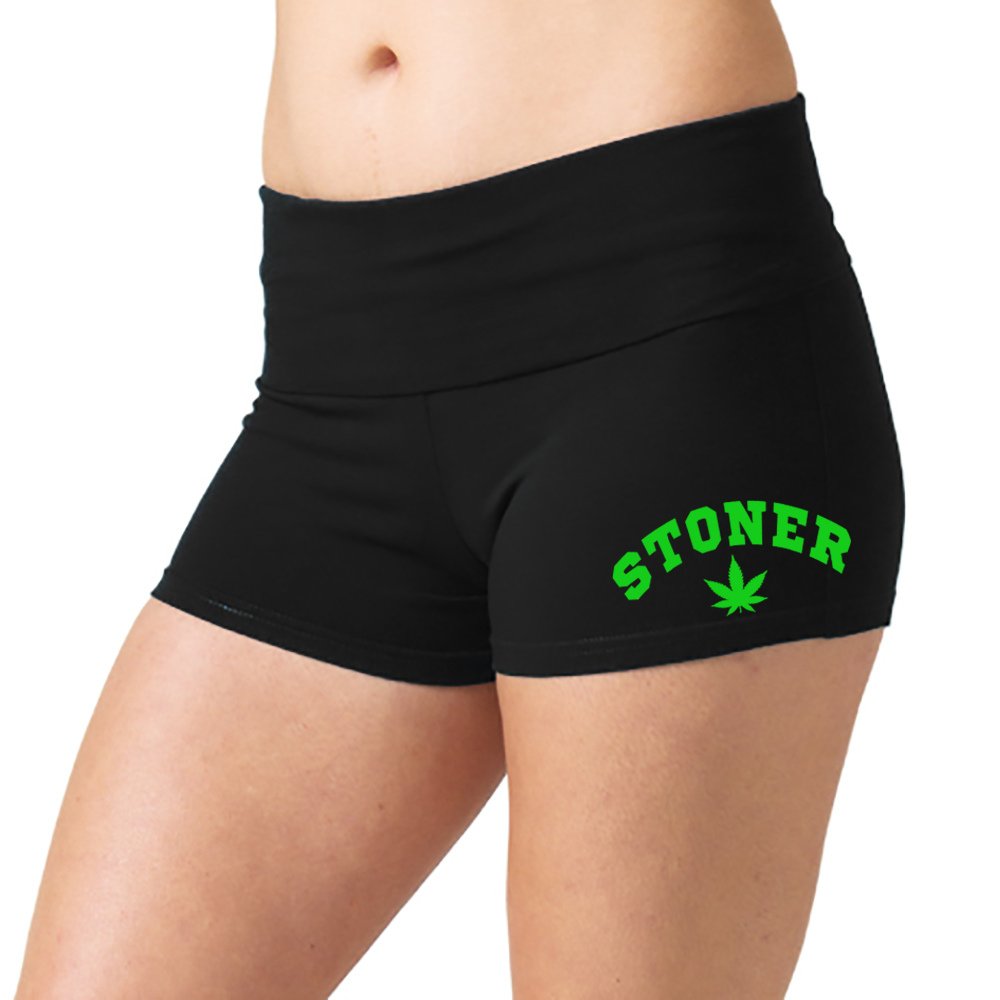 Women's Stoner Weed Leaf Print Black Yoga Shorts - High Waisted Workout Booty Shorts for Yoga, Gym & Festival Fashion