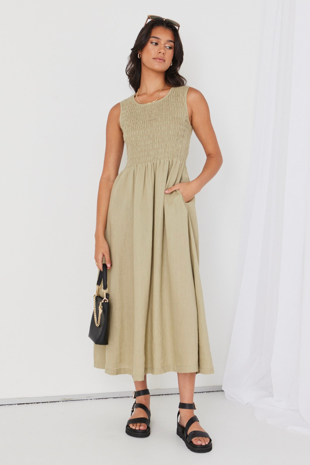 Bryar Light Khaki Linen Sleeveless Shirred Bodice Midi Dress for Women - Summer Beach Vacation & Casual Outfit