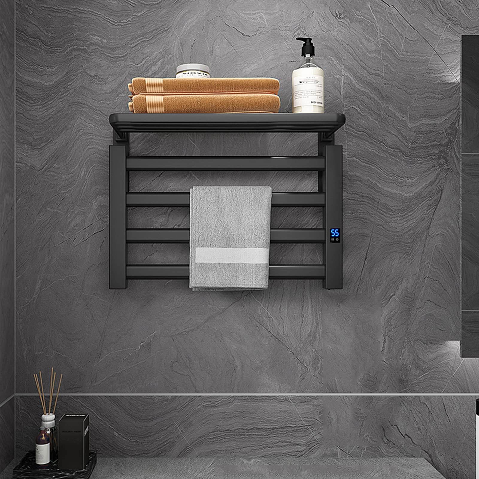 80W Electric Heated Towel Warmer Rack - Wall Mounted Aluminum Alloy Bathroom Towel Heater with Timer & Storage Shelf - Plug-in Black - Perfect for Spa, Luxury Bathrooms & Cold Weather Comfort