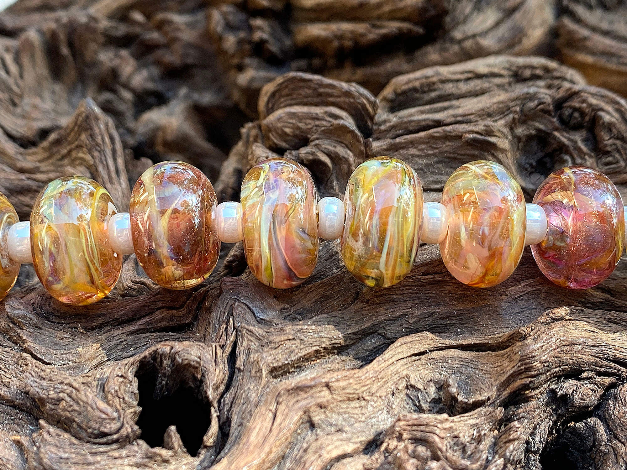 14 Handmade Fall Ruby Topaz Lampwork Glass Beads Set for Jewelry Making - DIY Necklace, Bracelet, Earrings - Perfect for Autumn Crafts & Gifts