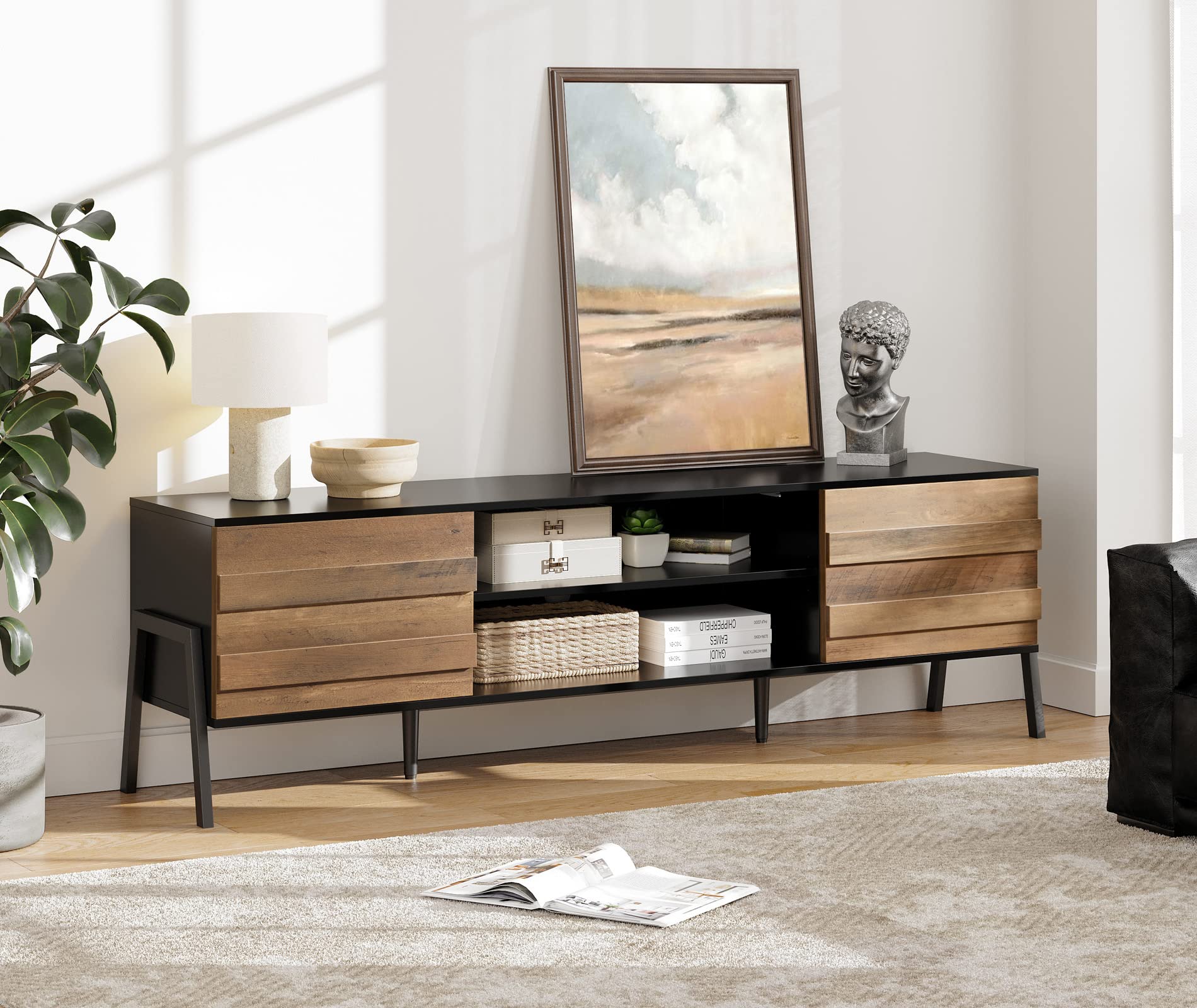 Mid-Century Modern TV Stand for 70-75 Inch Flat Screen TVs - Wood Media Console with Storage, Black & Oak Entertainment Center for Living Room & Bedroom - Perfect for Home Theater Setup & Stylish Home Decor