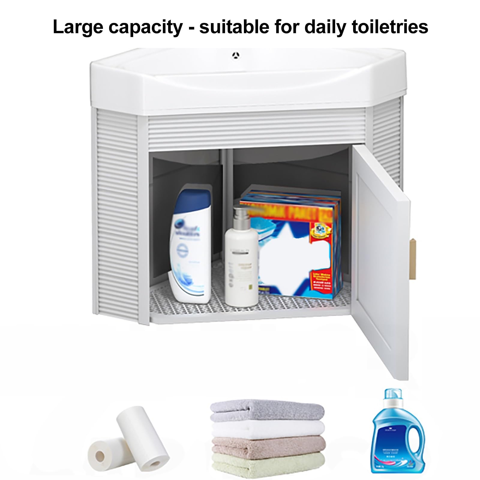 Wall Mounted Floating Corner Bathroom Sink with Storage - Ceramic Vanity Cabinet, Space Aluminum Material (17 inch/43cm, Beige) - Perfect for Small Bathrooms, Powder Rooms & Modern Home Decor