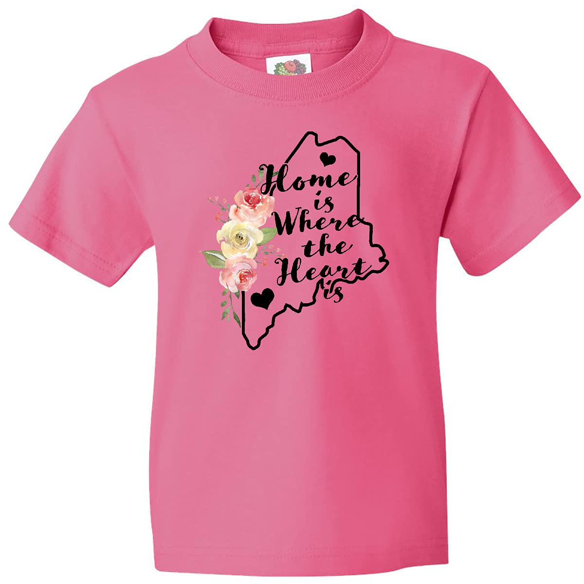 Inktastic Maine Home is Where The Heart is - Watercolor Floral Youth T-Shirt for Kids | Comfortable Cotton Tee | Perfect for Family Vacations, School, and Casual Outings