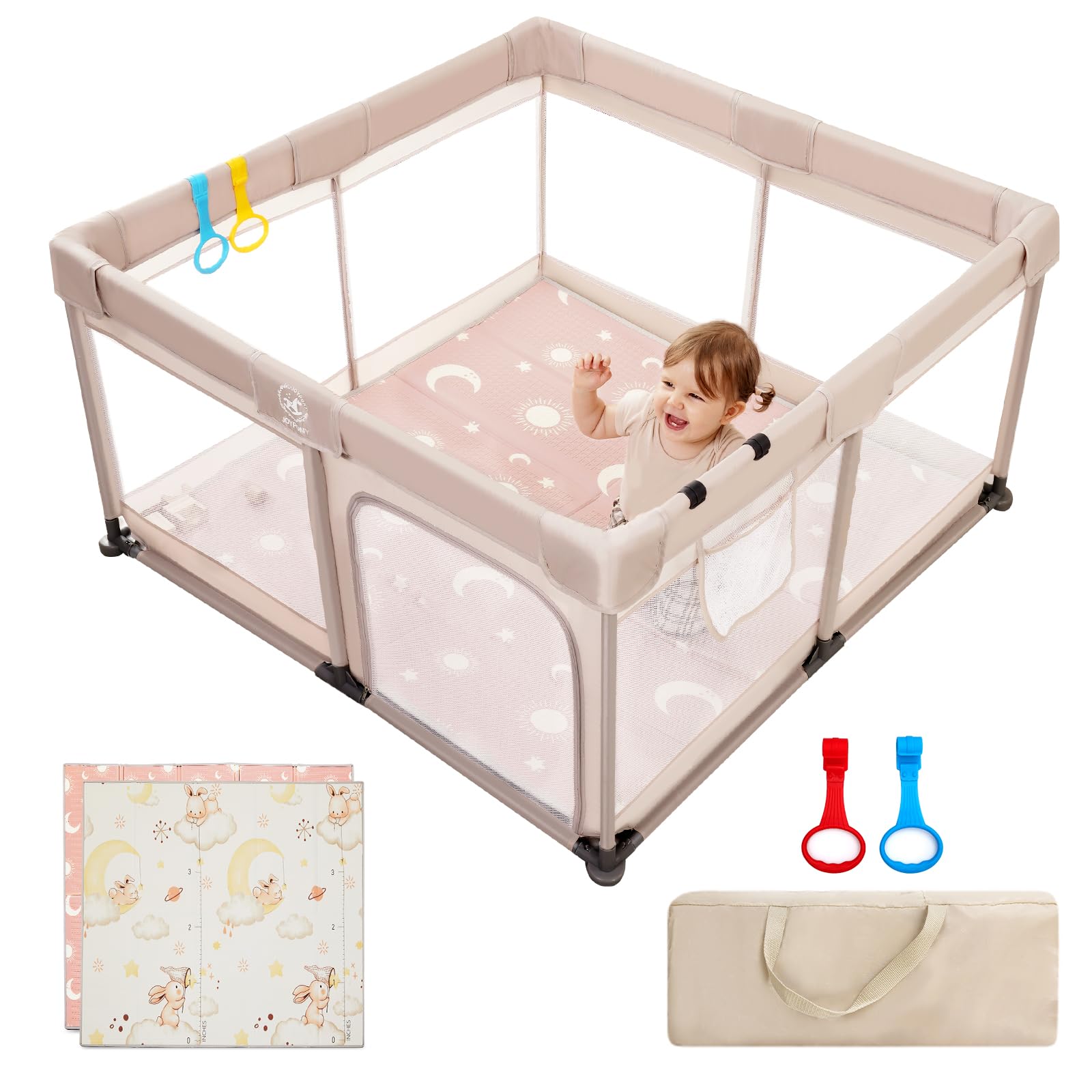 Baby Playpen with Soft Mat - 50x50 Inch Playpen for Infants & Toddlers, Breathable Mesh Play Yard for Indoor & Outdoor Use (Beige) - Perfect for Nursery, Living Room & Backyard Safety