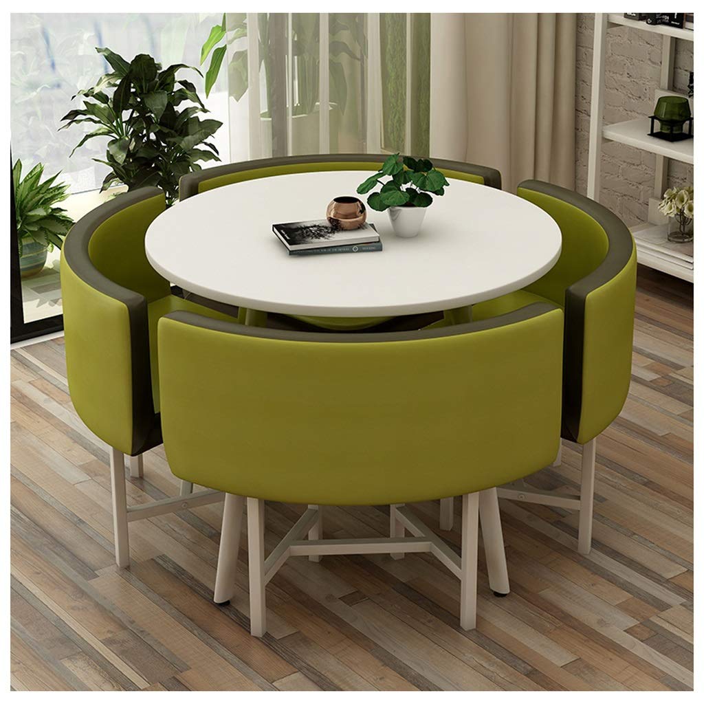 Modern Round Table and 4 Leather Chairs Set - Army Green Balcony, Living Room, Dining Table for Home, Office, Meeting Room, Coffee Shop, Beauty Salon - Perfect for Leisure, Work and Social Gatherings