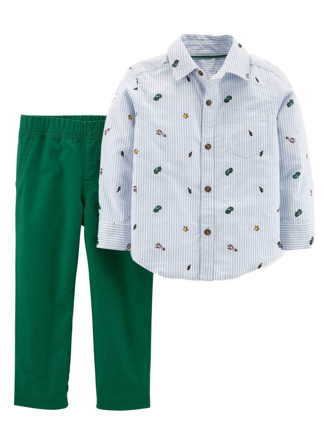 Carter's Baby Boys' Blue Striped Button-Up Collared Shirt & Green Pants Outfit Set - Perfect for Family Photos, Holidays & Special Occasions