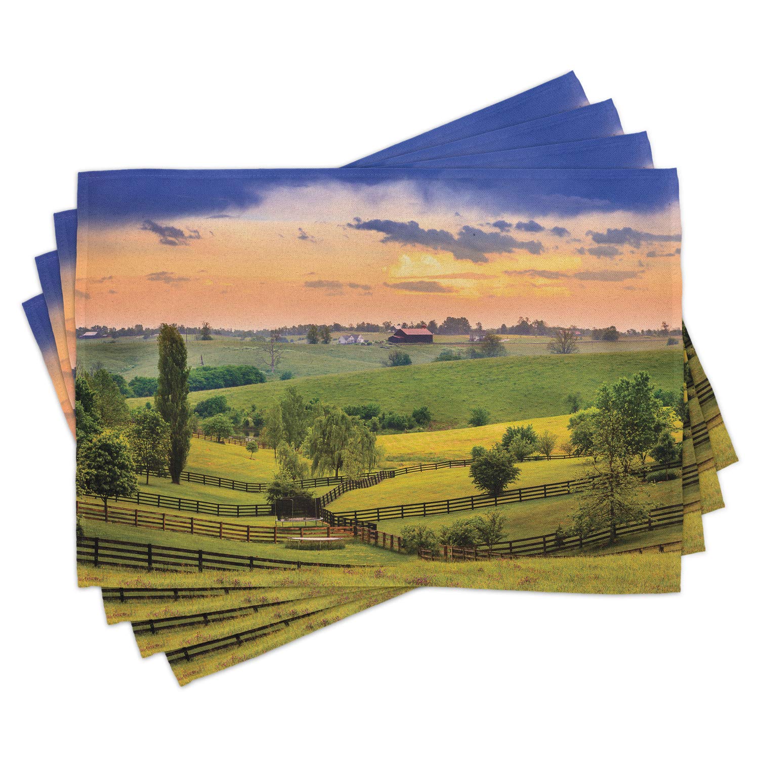 Ambesonne Nature Place Mats Set of 4 - Surreal Countryside Meadow Print with Fences, Washable Fabric Table Mats for Dining Room & Kitchen Decor in Green Blue Orange - Perfect for Farmhouse, Rustic, or Cottage Style Dining Settings