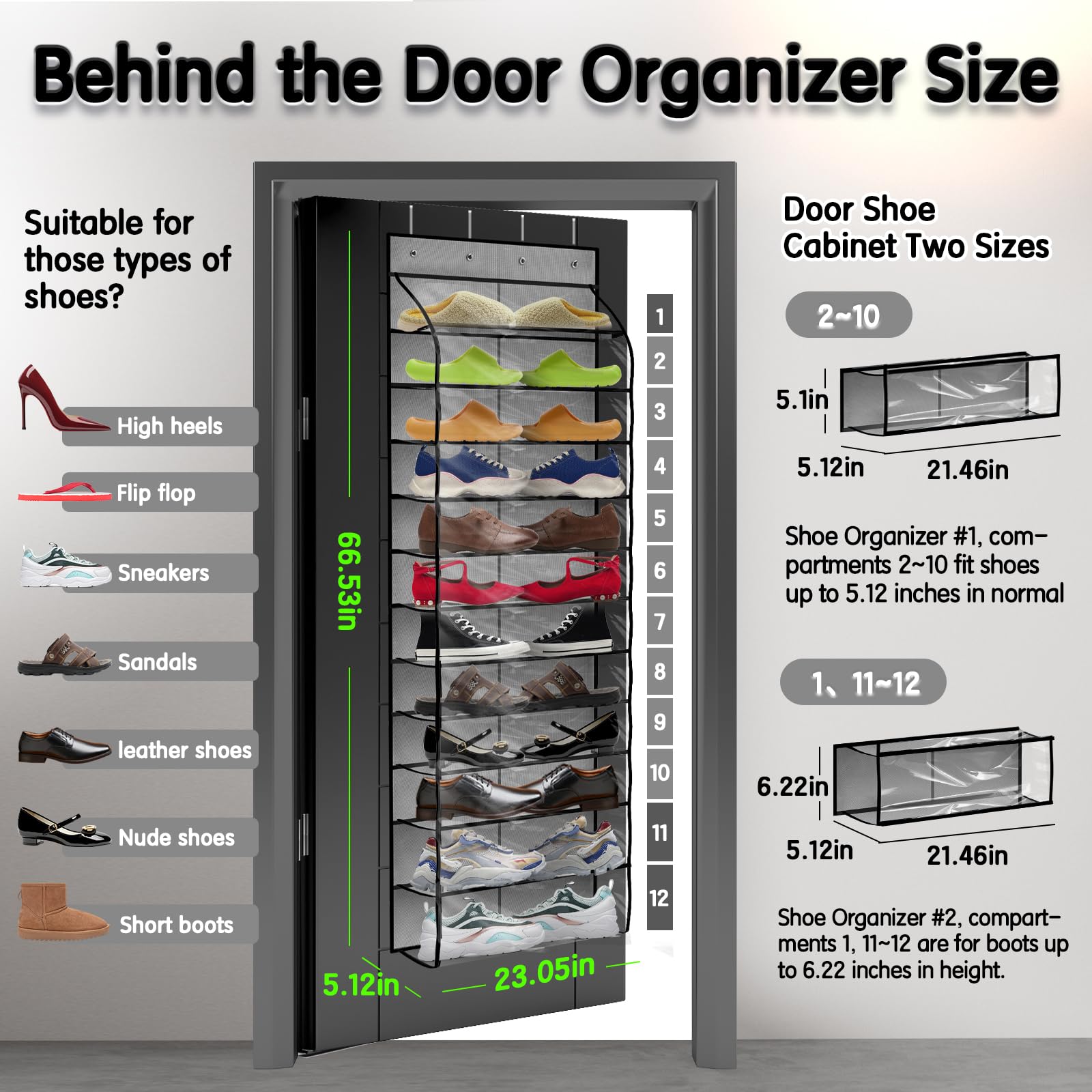 Over the Door Hanging Shoe Organizer with 12 Clear Large Pockets - Space Saving Closet Storage for Shoes, Accessories & More - Reusable Shoe Rack for Adults, Kids & Babies (Gray) - Perfect for Bedrooms, Closets & Dorm Rooms